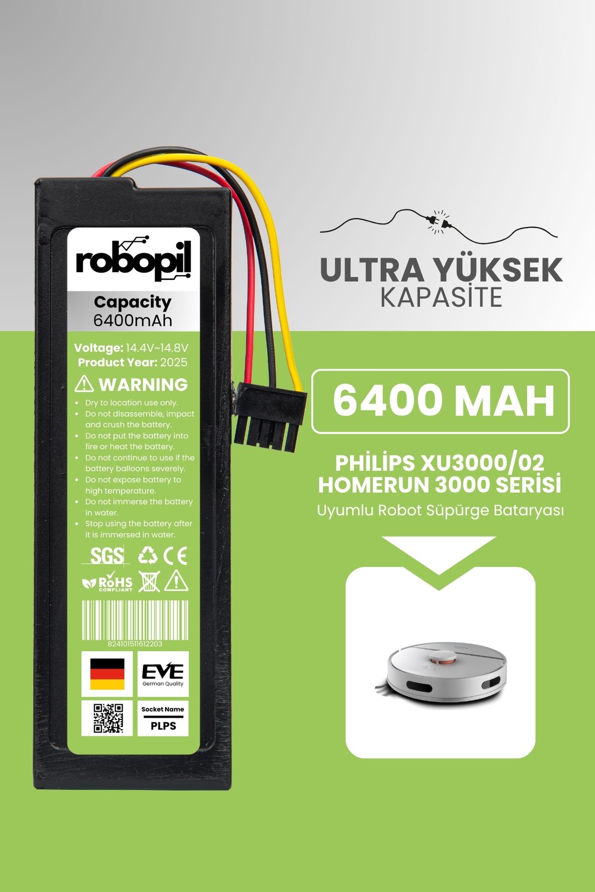ROBOPİL Philips Xu3000/02 Homerun 3000 Serisi Akıllı Robot Süpürge (Ultra Yüksek Kapasite) 6400mah