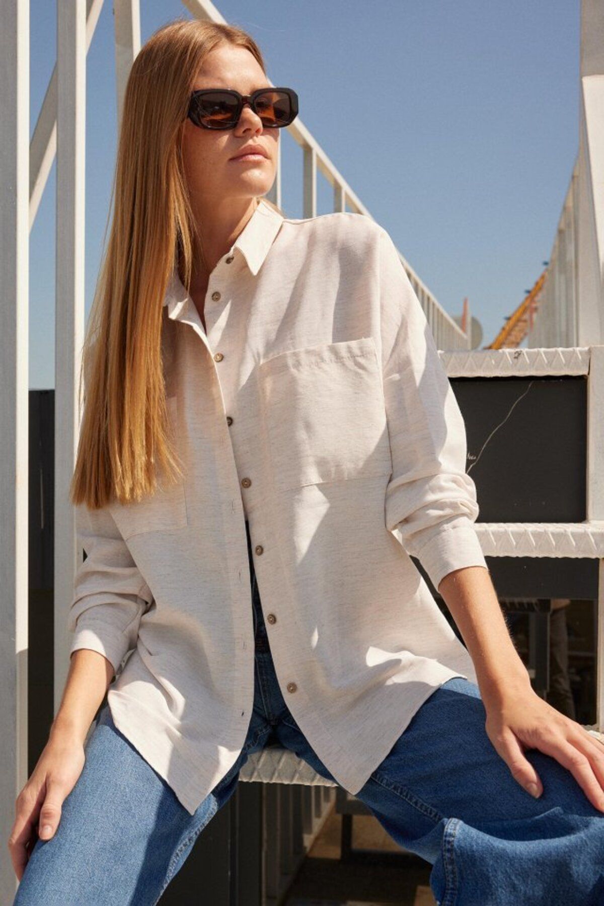 ETİLER COLLECTION 20126 Oversize Keten Gömlek - Beyaz