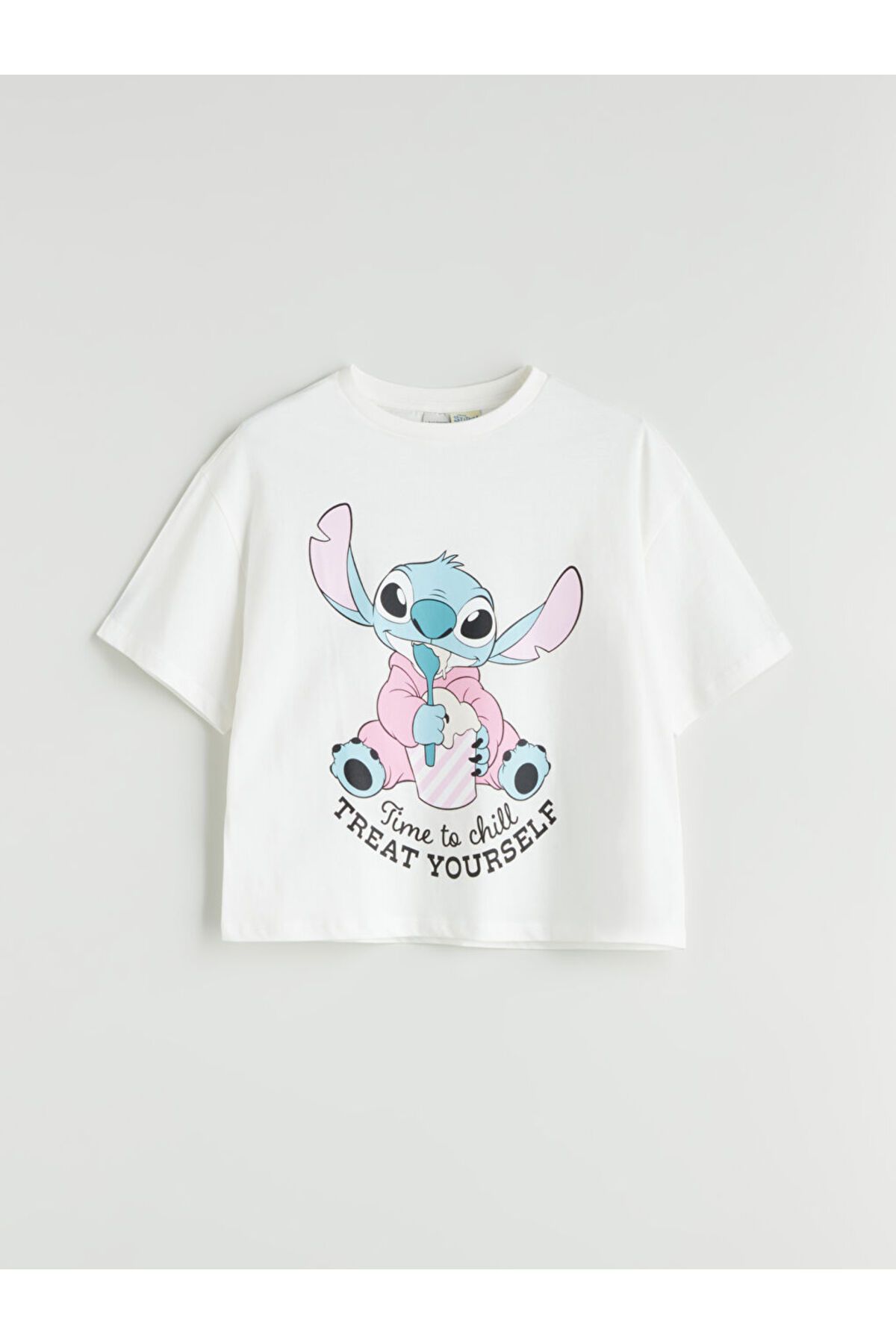LC Waikiki LCW Kids Ekru Bisiklet Yaka Stitch Baskılı Kız Çocuk Tişört S5QB18Z4NVY25