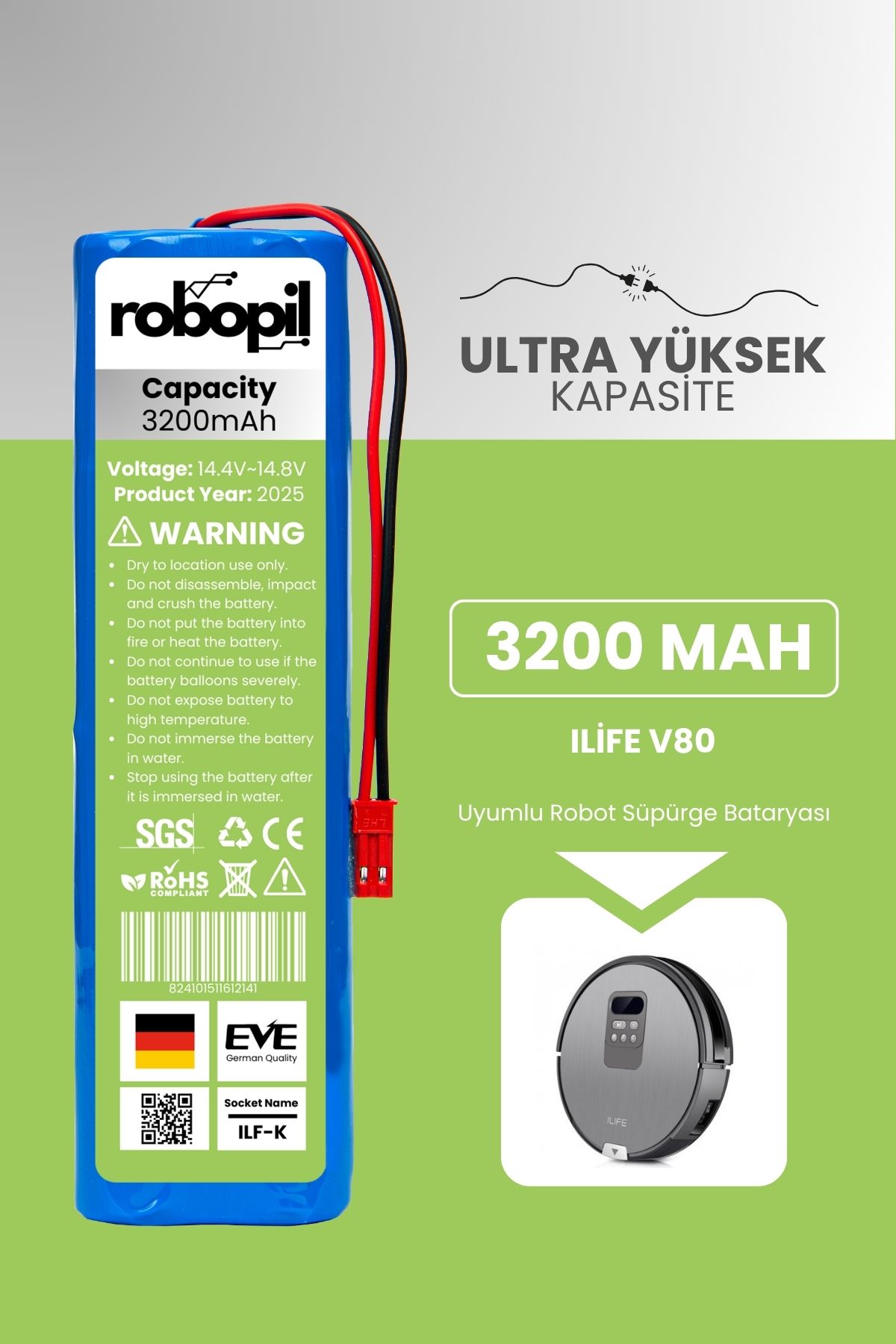 ROBOPİL Ilife V80 Uyumlu Batarya (ULTRA YÜKSEK KAPASİTE) 3200mah Pil Robot Süpürge Bataryası Değişimi