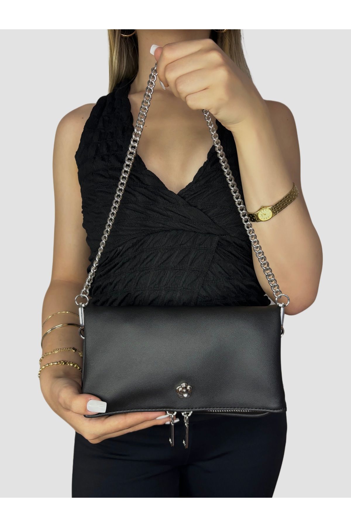 BK Bags & Accessories SİYAH ZİNCİR ASKILI EL VE OMUZ KADIN ÇANTASI