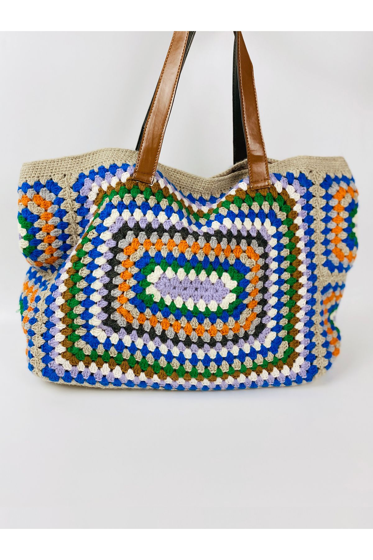 Voiste Renkli Büyük Boy Granny Square Tote Çanta | Bohem ve Günlük Kullanım
