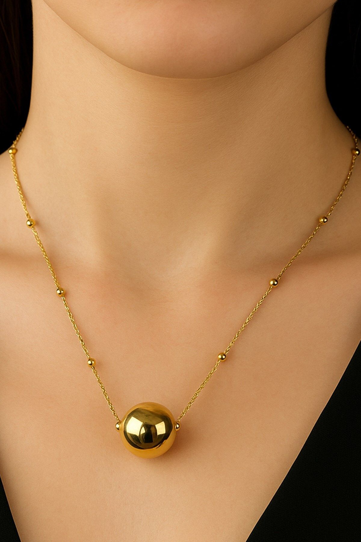 X-Lady Accessories Altın Renk Top Zincir Kadın Küre Uçlu Kadın Kolye Minimal Zincir Çelik Kolye - 3373