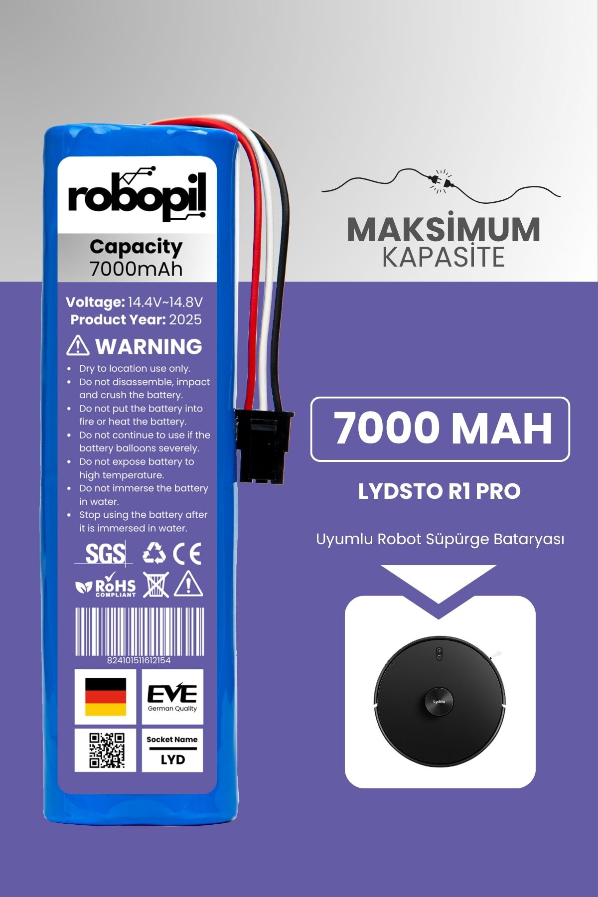 ROBOPİL Lydsto R1 Pro Pil Batarya [Maksimum Kapasite] 7000mah Akıllı Robot Süpürge Bataryası Değişimi