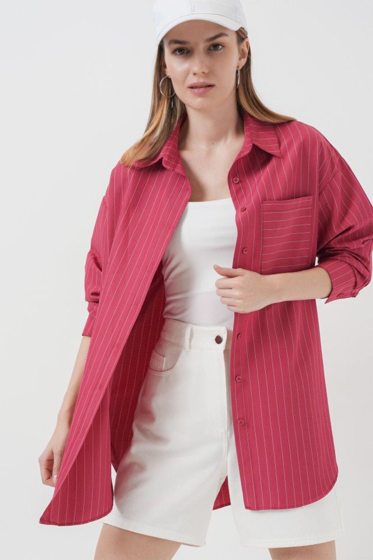 ETİLER COLLECTION 20217 Cep Detaylı Çizgili Oversize Gömlek - Kırmızı