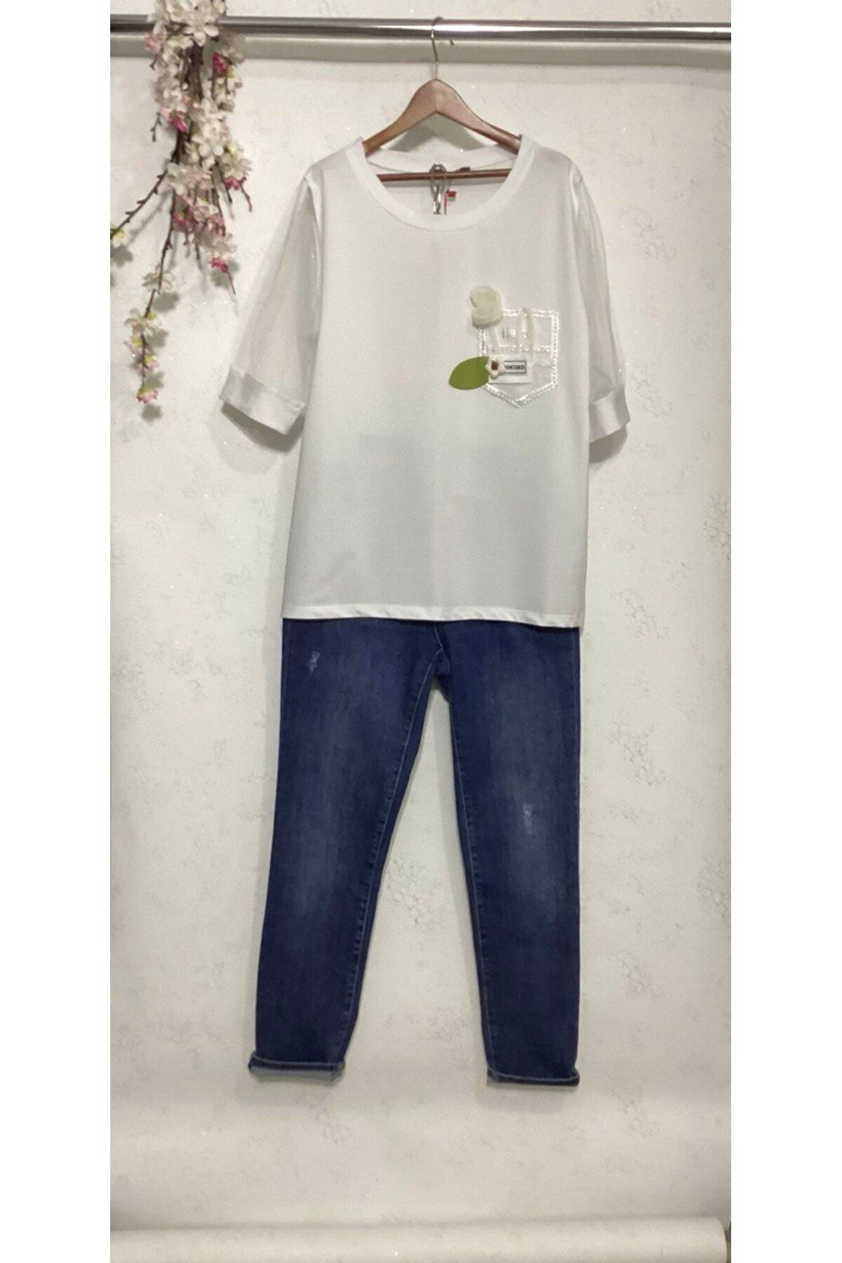 Wiges Kadın Bisiklet Yaka güpürlü Özel Tasarım T-shirt