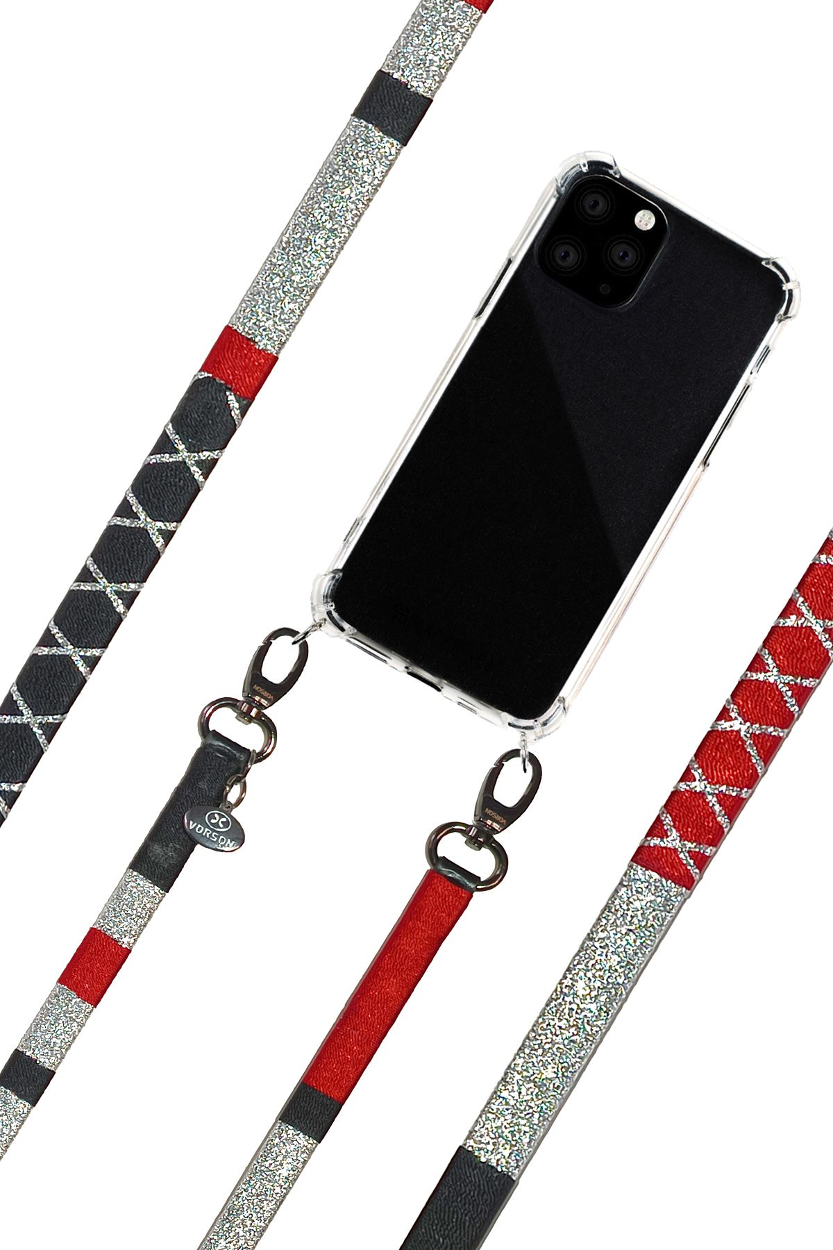 Vorson El yapımı iphone 11 uyumlu kılıflı parlak simli telefon askısı Silvery Red