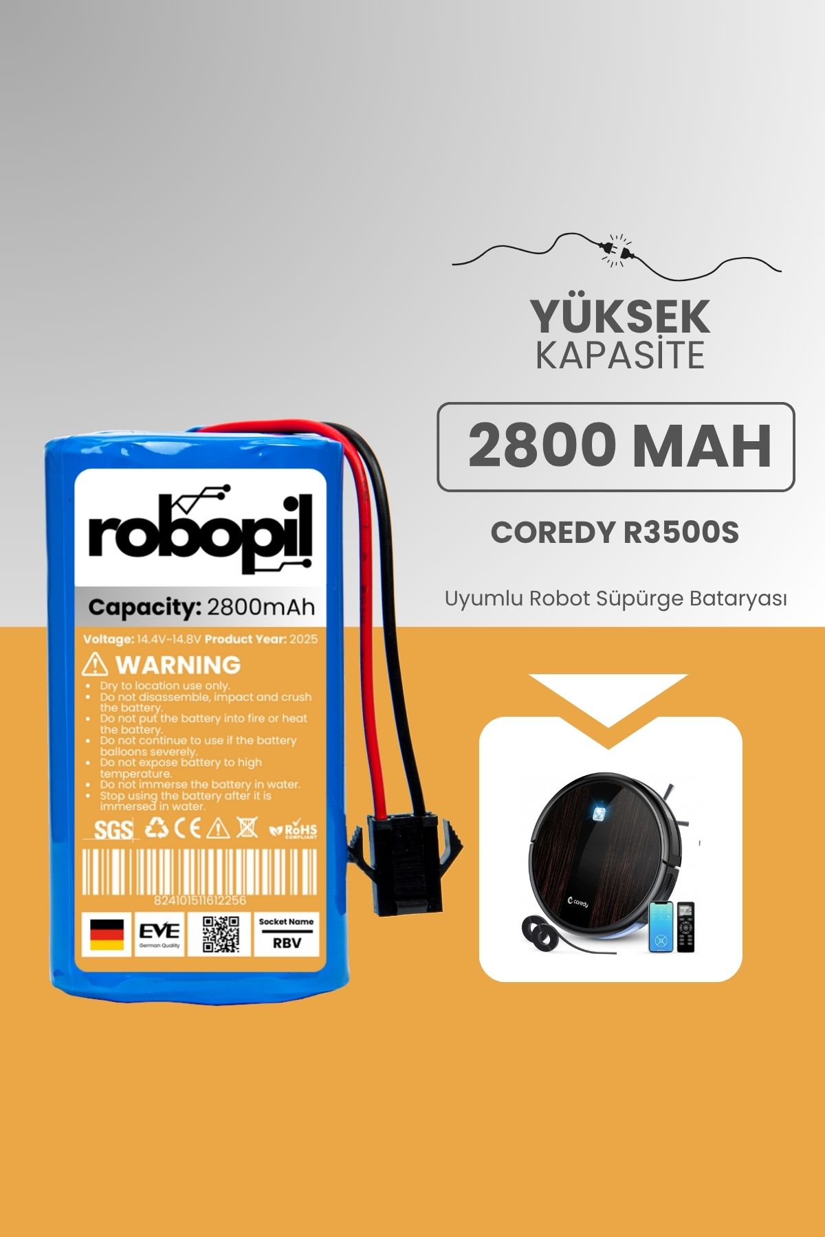 ROBOPİL Coredy R3500s Pil Batarya [Yüksek Kapasite] 2800mah Akıllı Robot Süpürge Bataryası Değişimi
