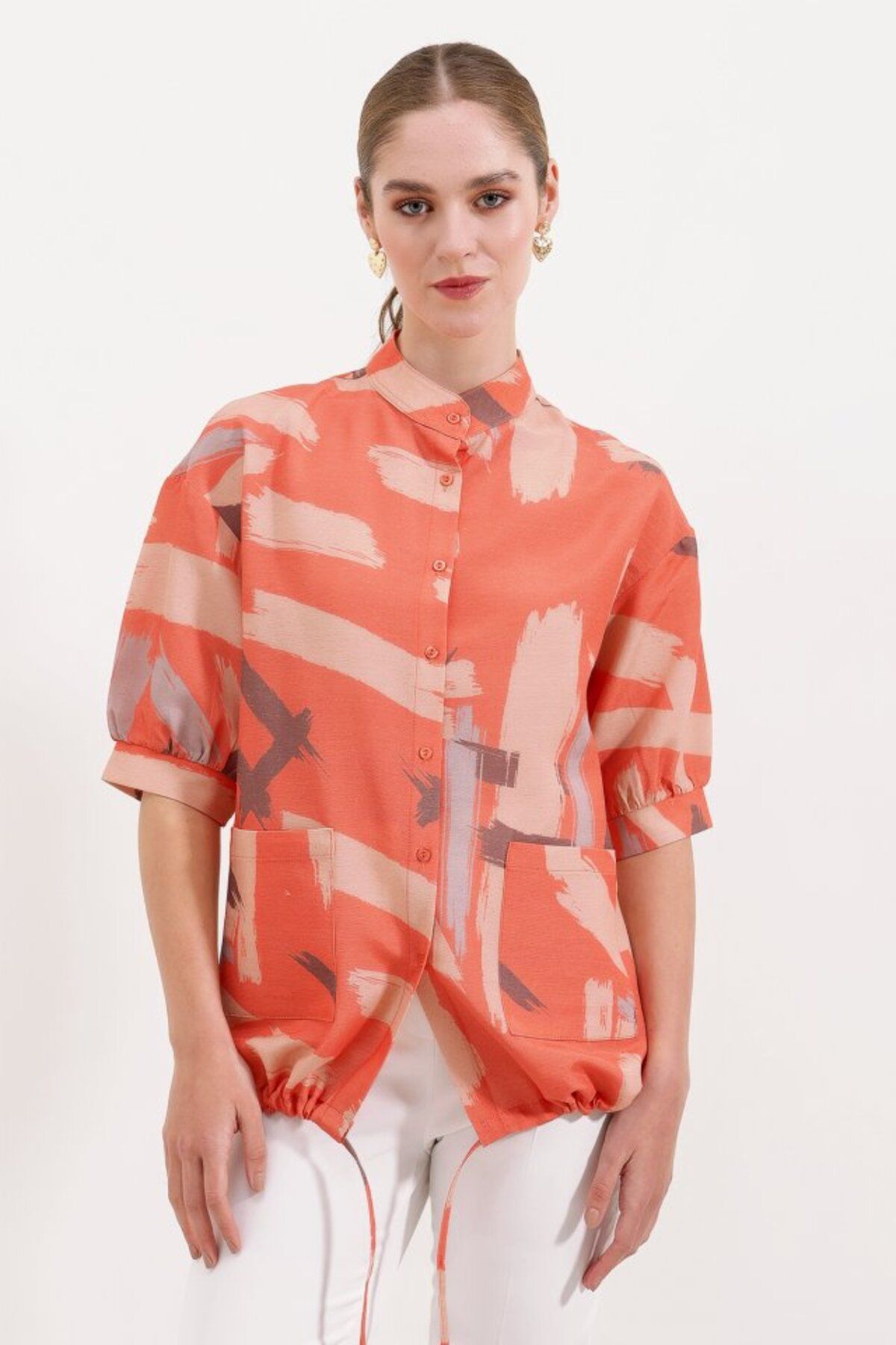 ETİLER COLLECTION 20226 Desenli Oversize Gömlek - Turuncu