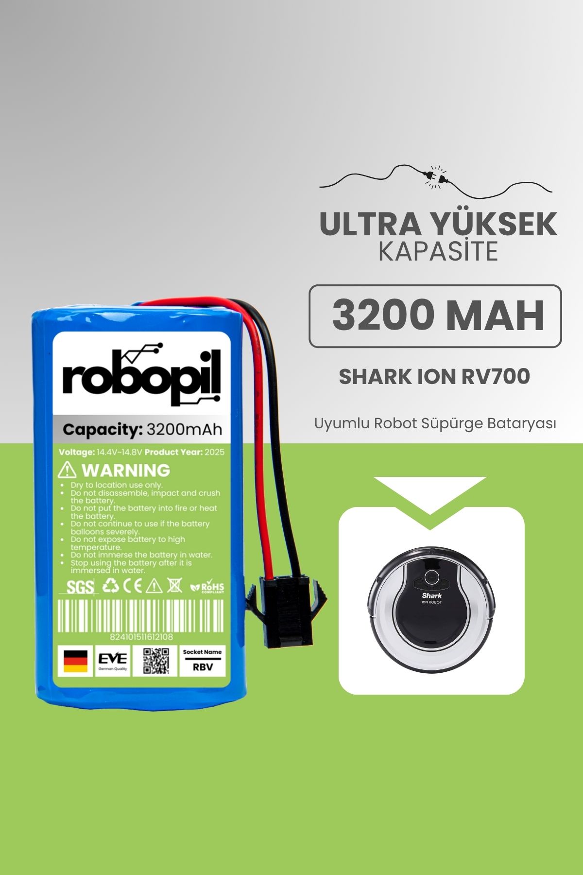 ROBOPİL Shark Ion Rv700 Pil Batarya [Ultra Yüksek Kapasite] 3200mah Akıllı Robot Süpürge Bataryası Değişimi