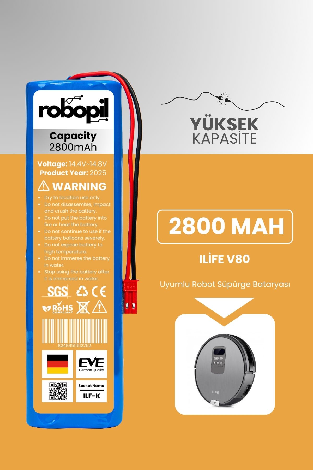ROBOPİL Ilife V80 Uyumlu Batarya (YÜKSEK KAPASİTE) 2800mah Pil Robot Süpürge Bataryası Değişimi