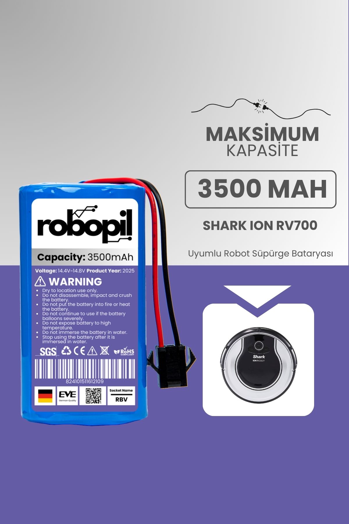ROBOPİL Shark Ion Rv700 Pil Batarya [Maksimum Kapasite] 3500mah Akıllı Robot Süpürge Bataryası Değişimi