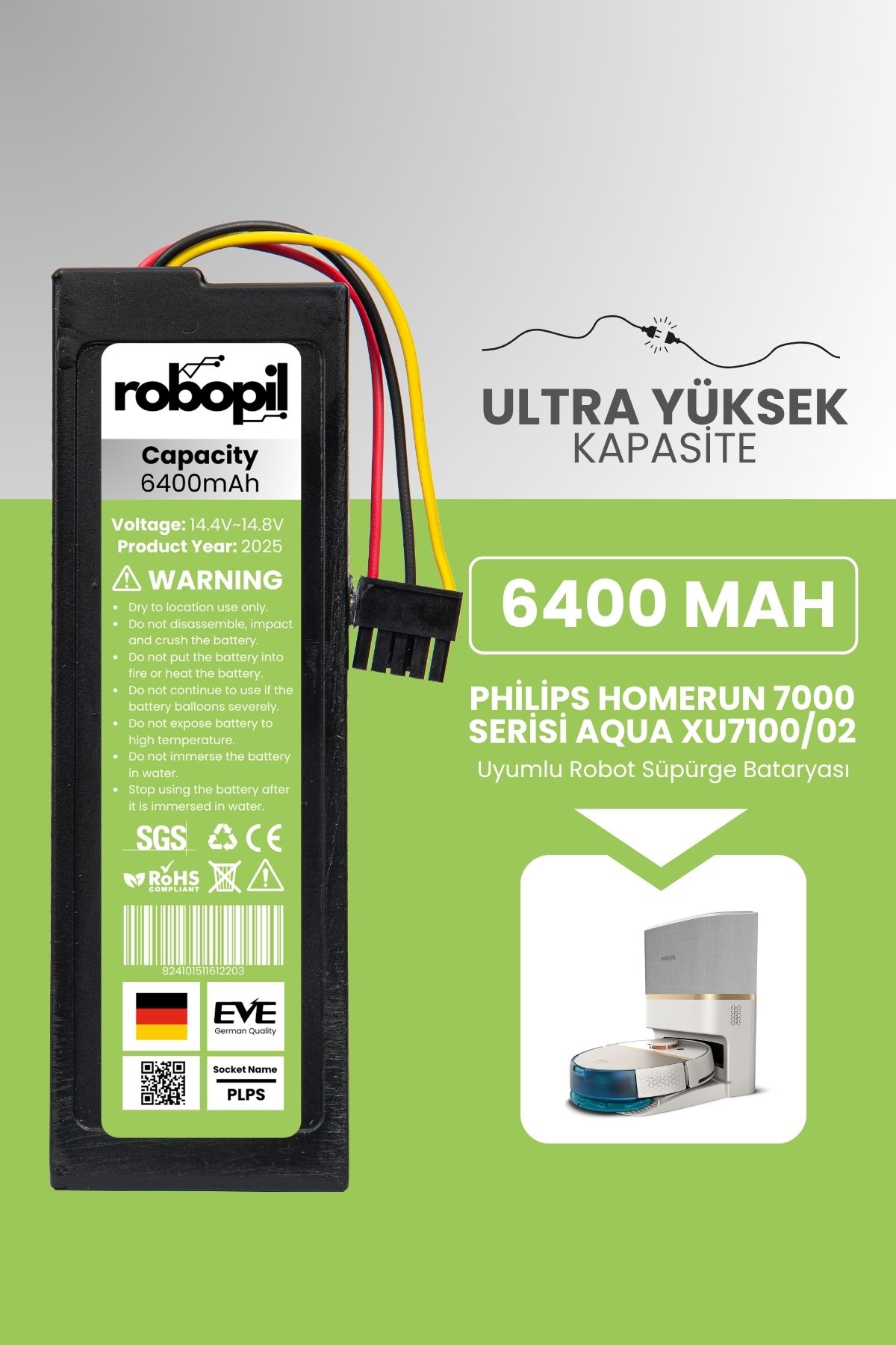 ROBOPİL Philips Homerun 7000 Serisi Aqua Uyumlu Robot Süpürge Bataryası (ULTRA YÜKSEK KAPASİTE) 6400mah