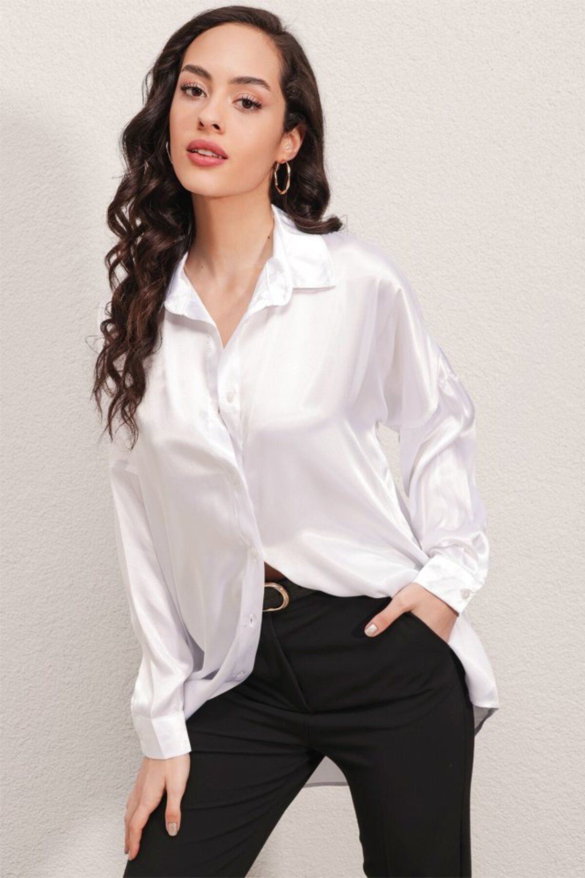 ETİLER COLLECTION 3985 Oversize Saten Gömlek - Beyaz