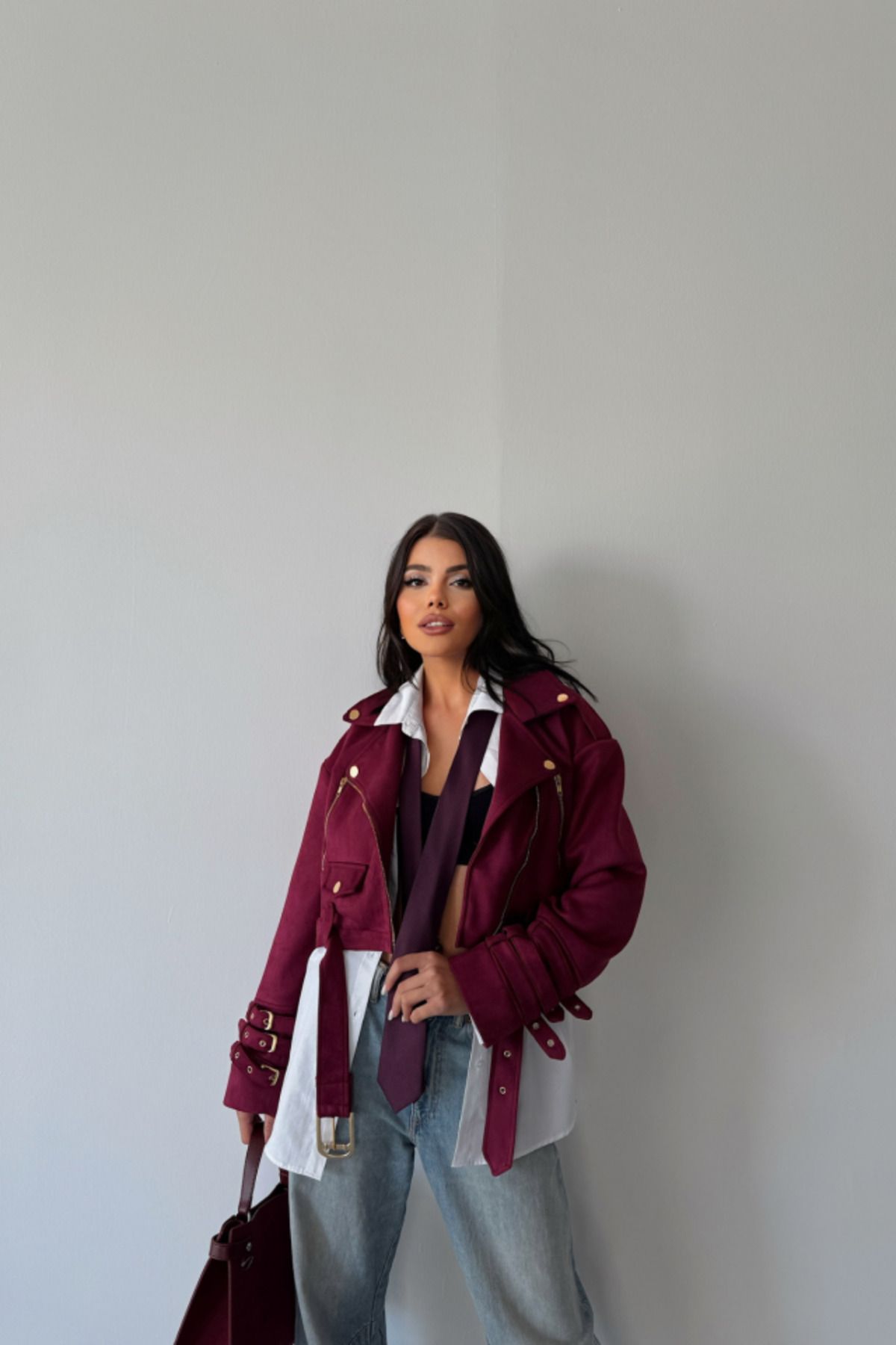 ETİLER COLLECTION SÜET CROP CEKET KOL 3 KEMER DETAYLI - Bordo