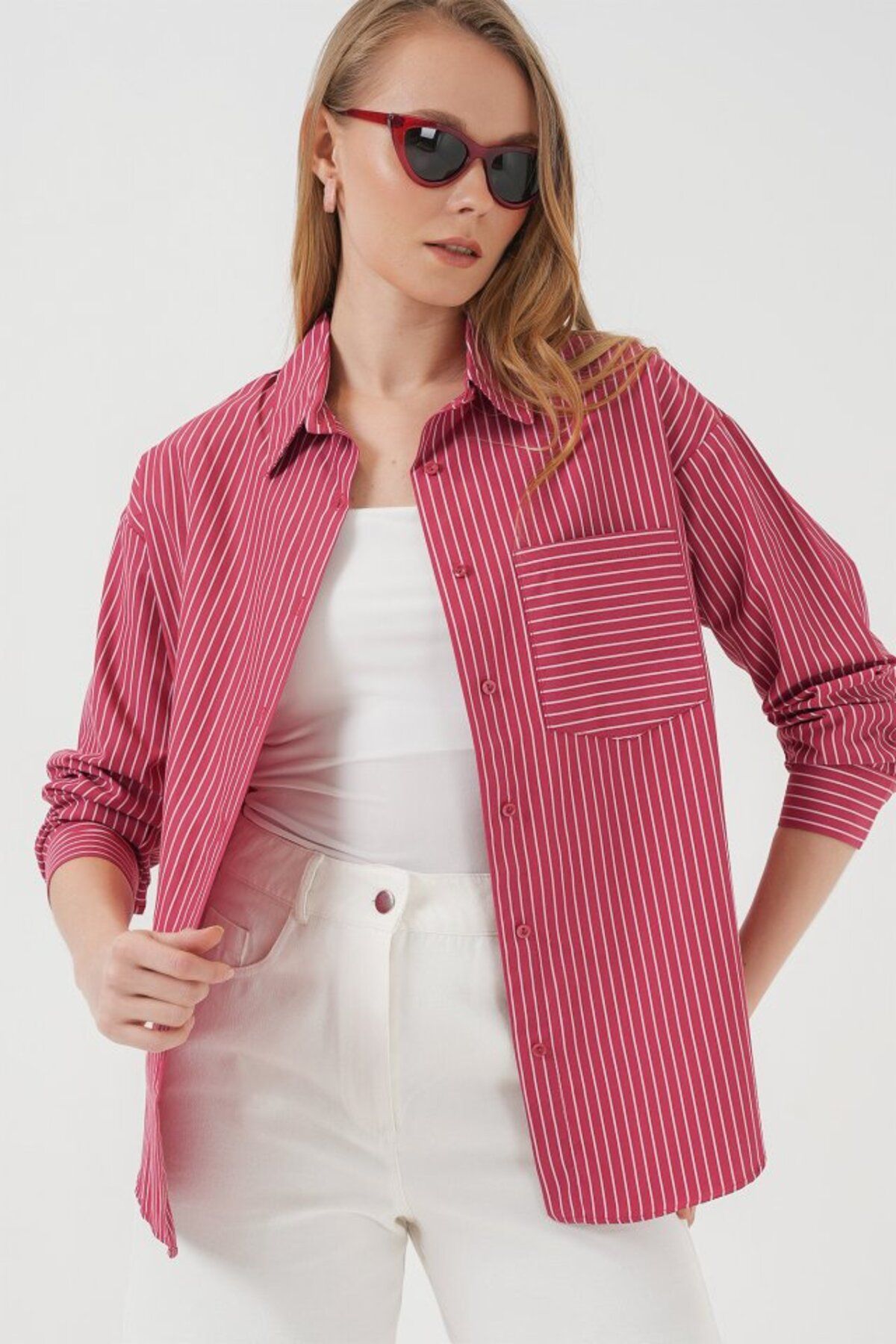 ETİLER COLLECTION 20205 Çizgili Oversize Gömlek - Kırmızı