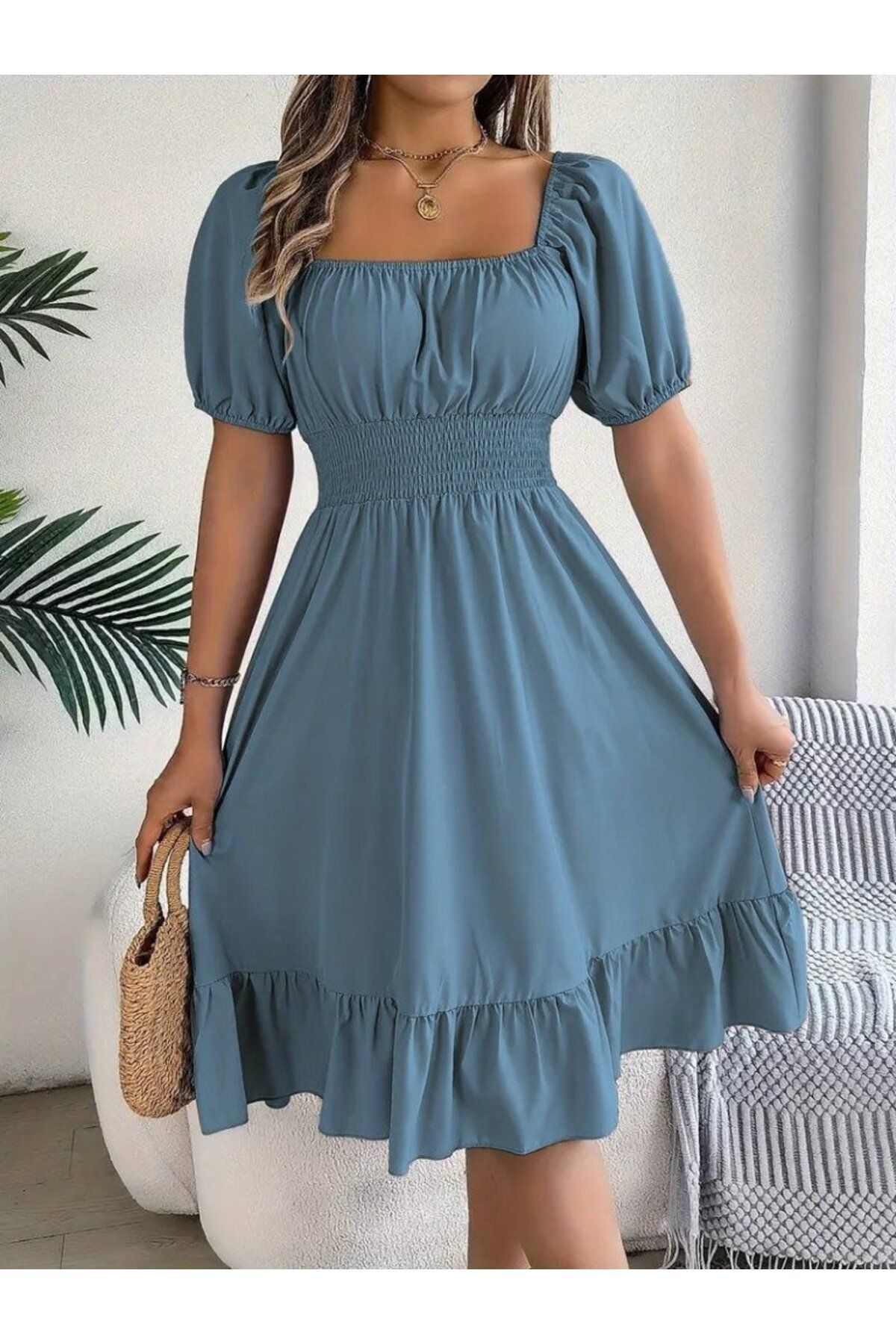 ETİLER COLLECTION Kadın Kısa Kollu Kare Yakalı Beli Lastikli Kısa Trikoton Elbise