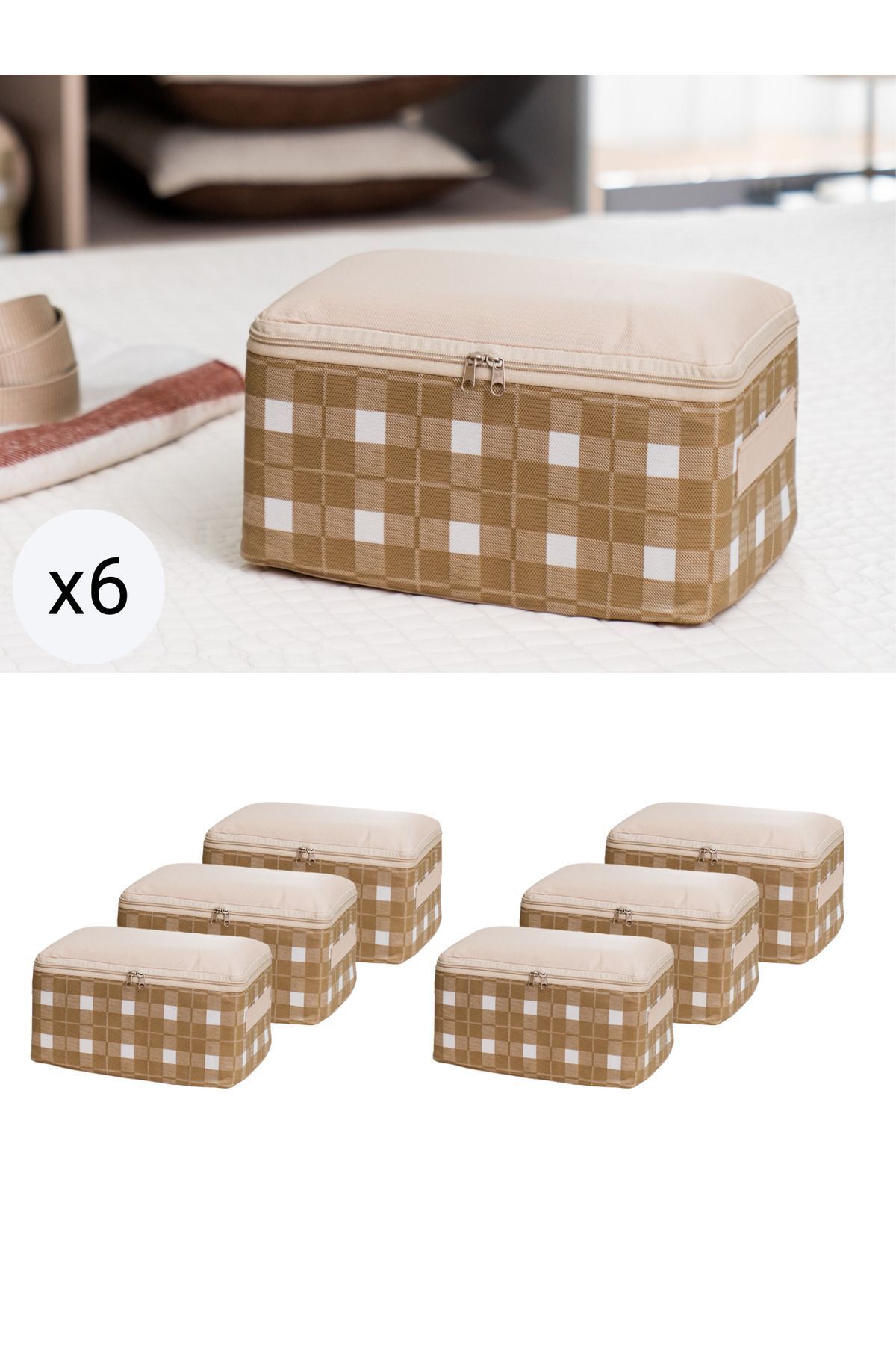 teknotrust 6 adet bej kare ekose düzenleyici set, 30x20x15 cm, bavul içi organizasyon hâlinde