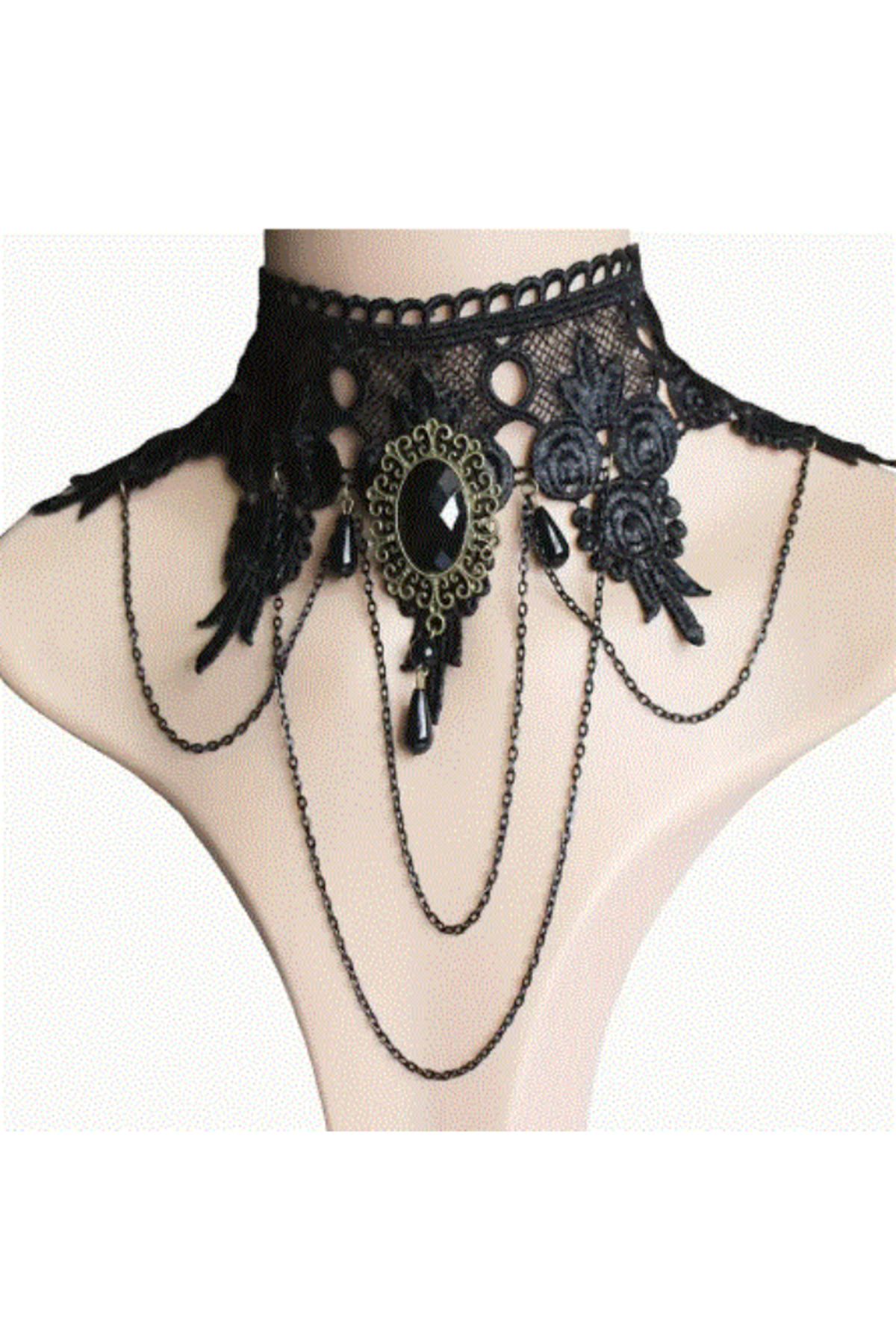 modares Vintage Siyah Dantel Gotik Kolye - Dantel Choker Kolye Ayarlanabilir Zincir,