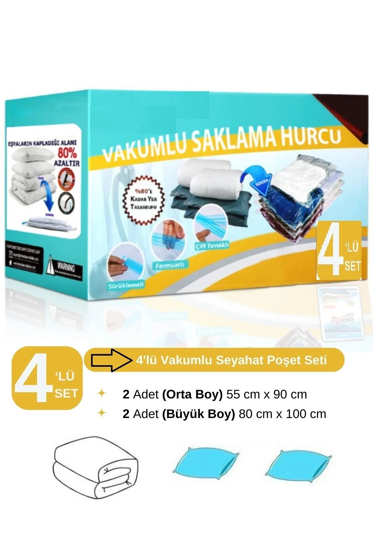 teknotrust 4'lü Şeffaf Vakumlu Poşet Seti, Orta ve Büyük Boy, Hava Alma ve Saklama Kolaylığı