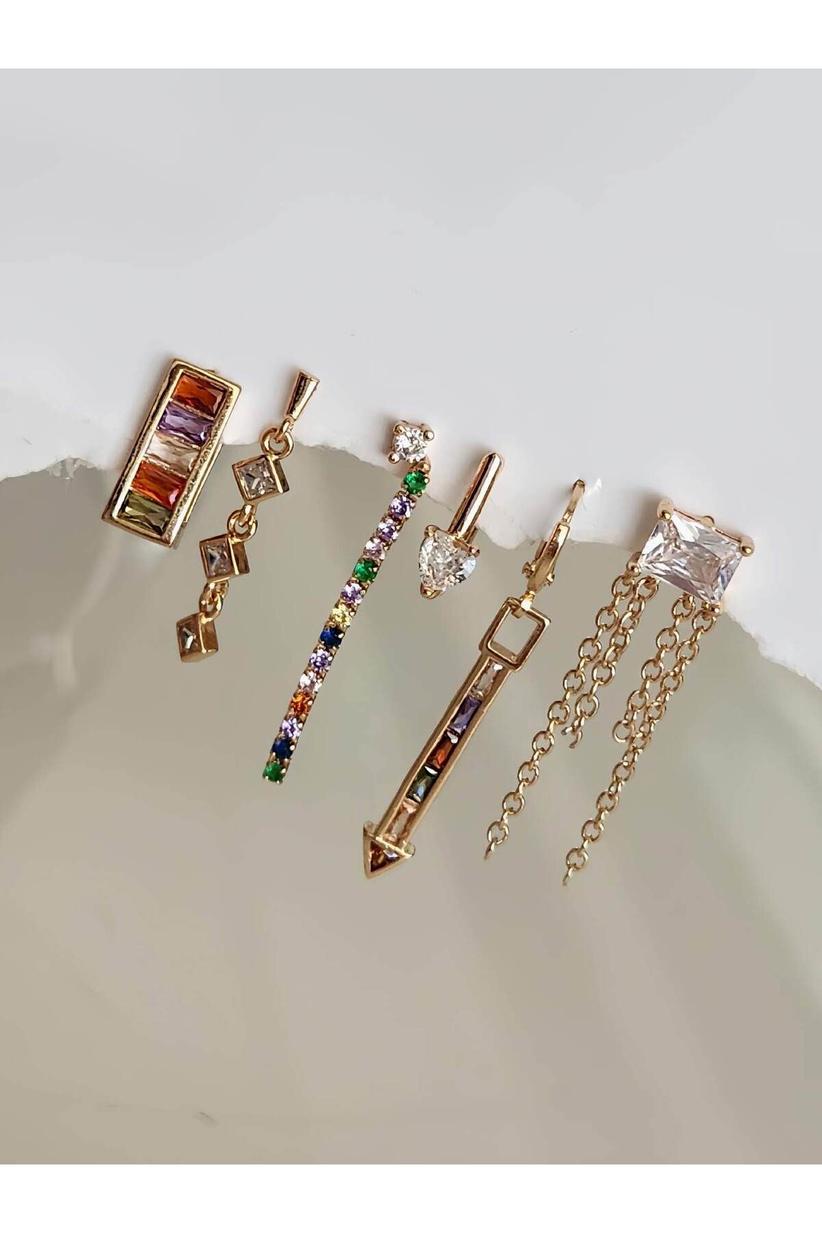 Eva Takı Store 6'lı Yuvarlak Damla Baget Model Çelik Renkli Küpe seti