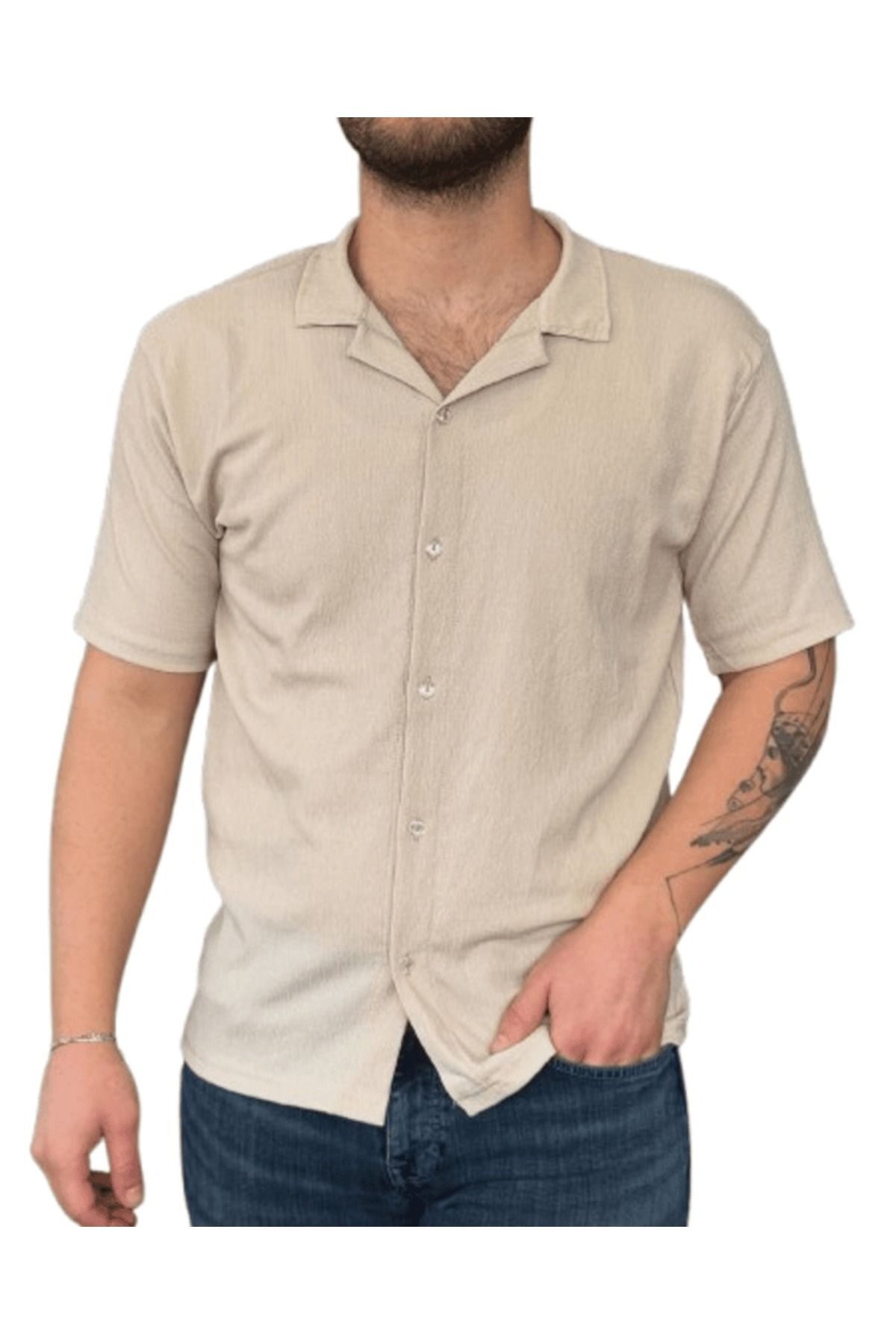 DWN WEAR Bürümcük Krinkıl Kumaş Yazlık Likralı Unisex Kadın KISA Kol Gömlek