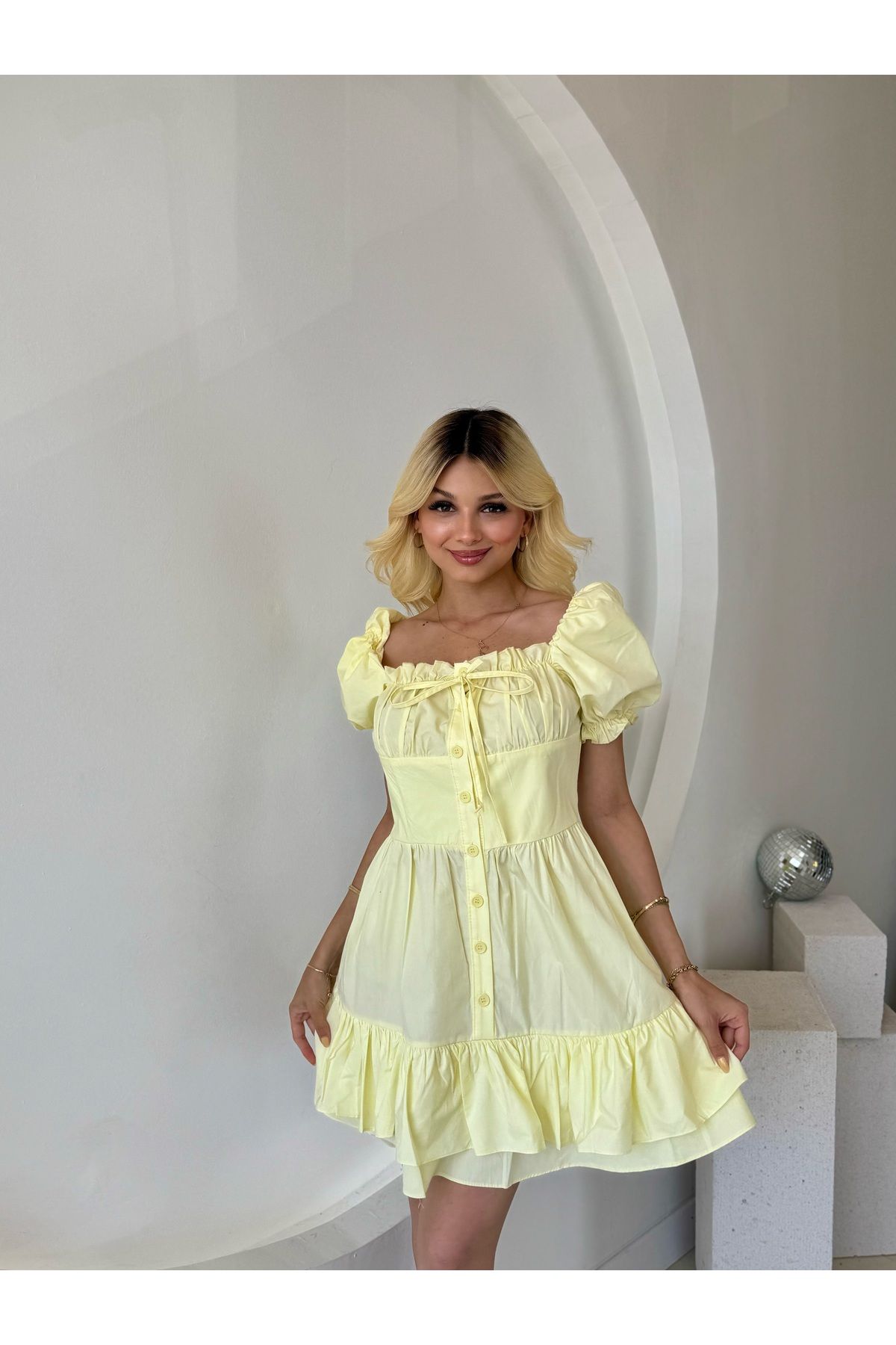FEHUBLOOM Sarı Kabarık Kol Ve Düğme Detaylı Elbise