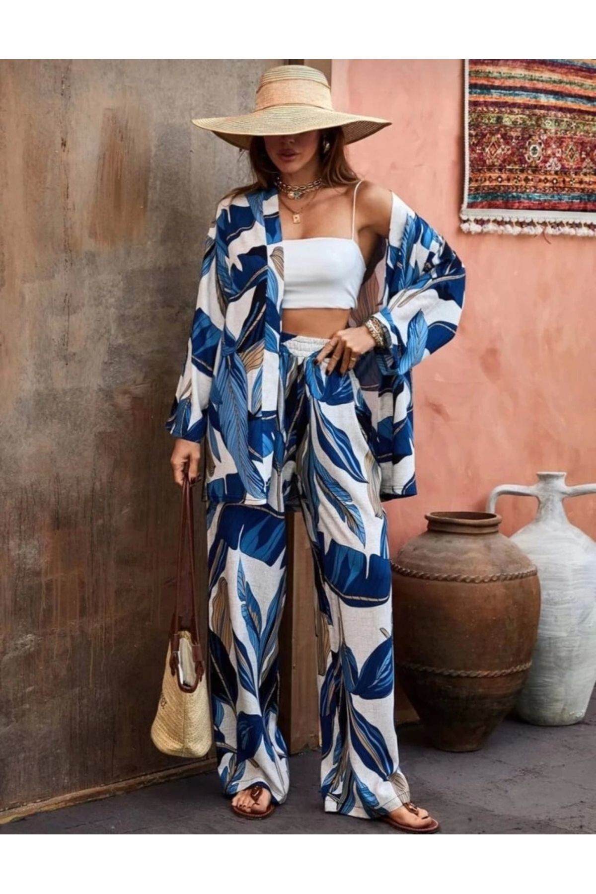buHillco Kadın Mavi Boho Çiçek Desenli Uzun Kollu Önü Açık Bol Kesim Kimono Takım