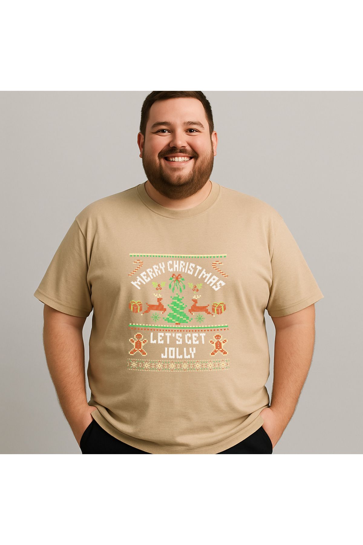 DogFish Bej ChristmasSweater Baskılı Tişört %100 Pamuk Konforu