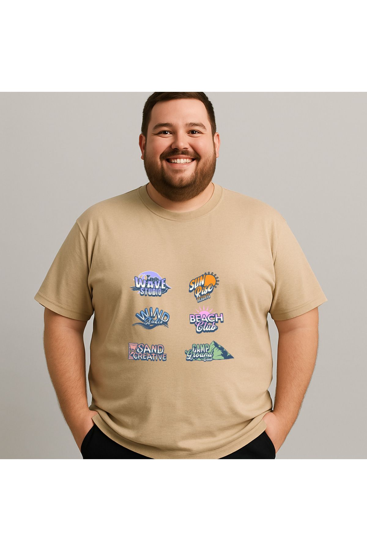DogFish Bej BadgelogodesignPack Baskılı Tişört Gün Boyu Rahatlık