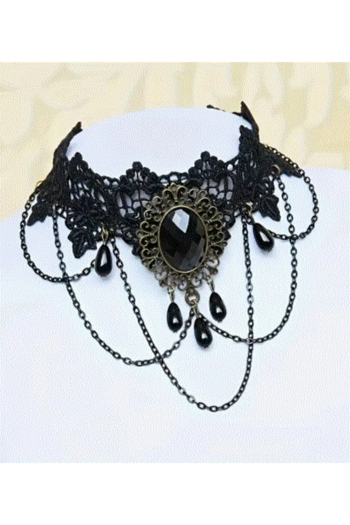 modares Vintage Siyah Dantel Gotik Kolye - Dantel Choker Kolye Ayarlanabilir Zincir,