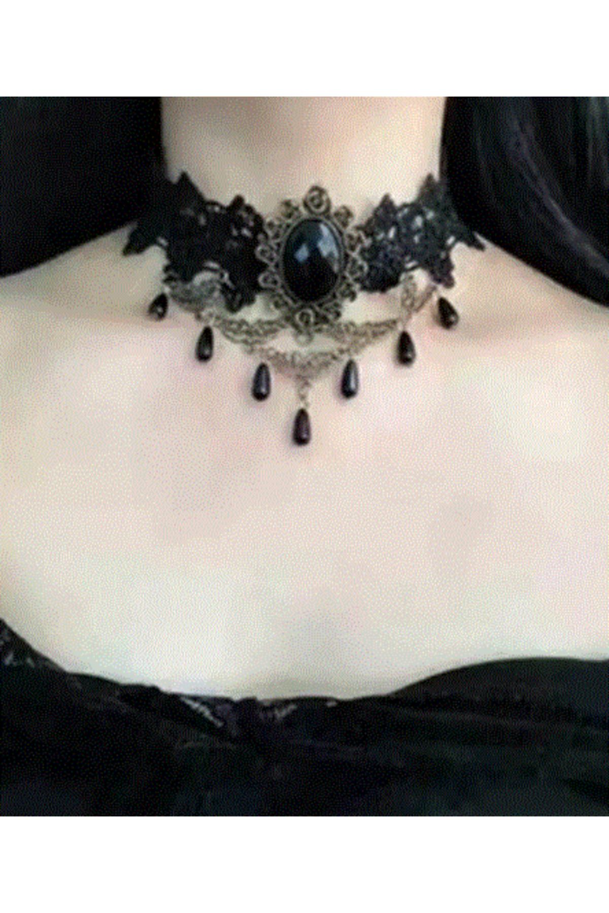 modares Vintage Siyah Dantel Gotik Kolye - Dantel Choker Kolye Ayarlanabilir Zincir,