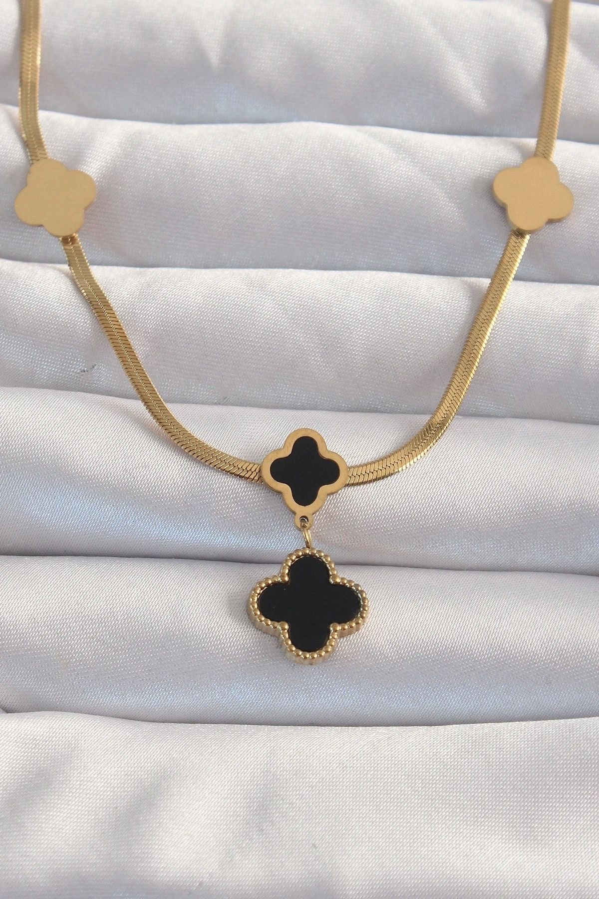 shopwave 316L Çelik Gold Renk İtalyan Zincirli Mineli Yonca Kolye