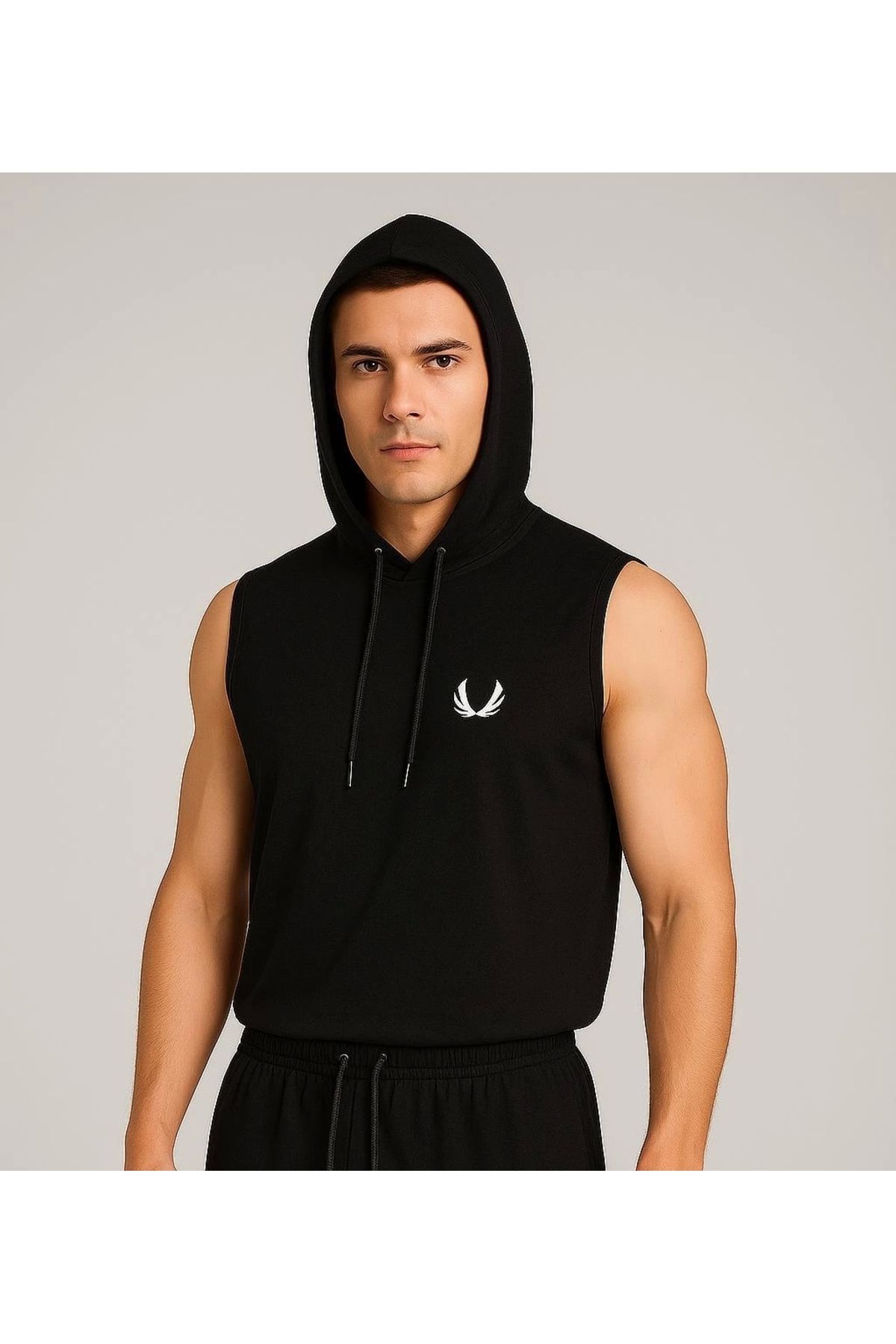 daniel milano Erkek Lette Kapüşonlu Armalı Esnek Kolsuz Siyah T-Shirt