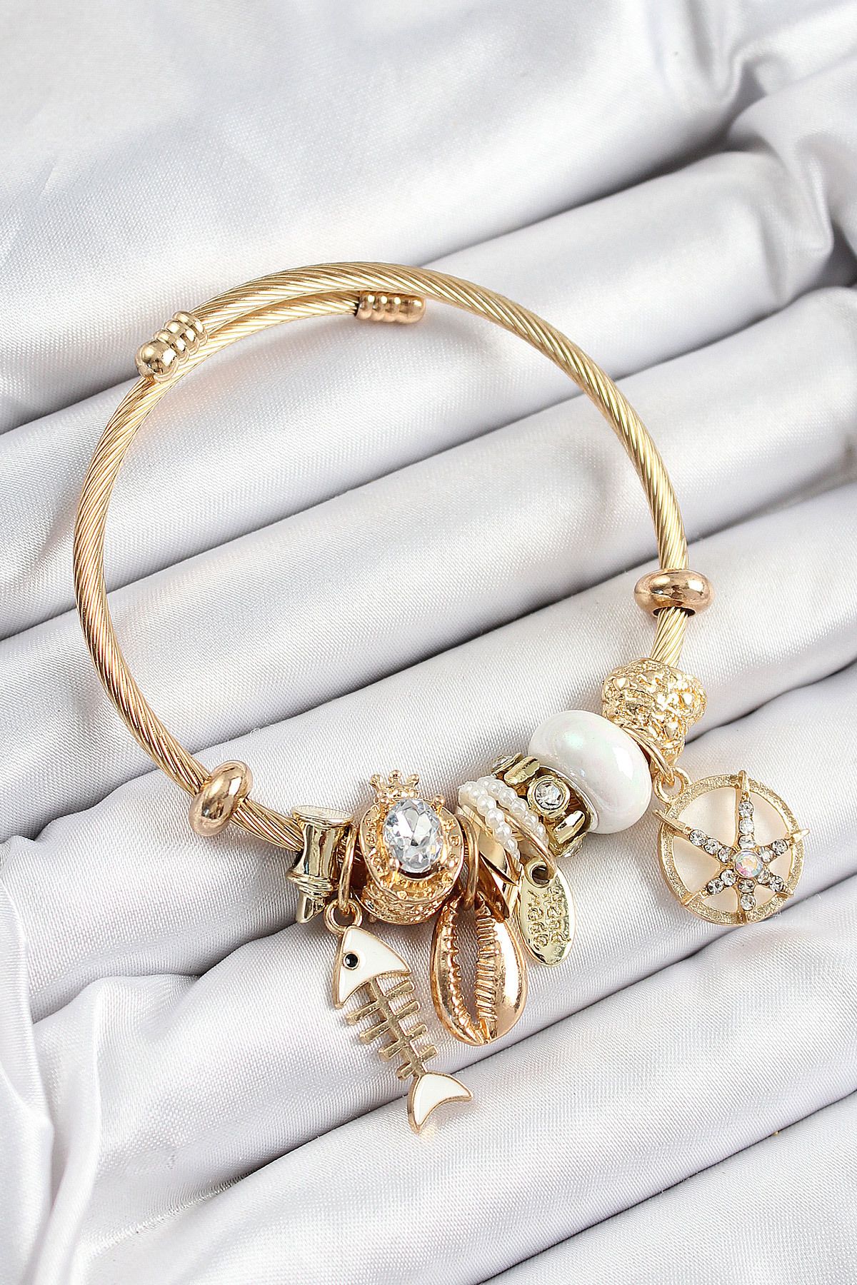 Clariss 316L Çelik Beyaz Zirkon Taşlı Balık Deniz Kabuğu Ve Deniz Yıldızı Model Gold Renk Charm Bileklik