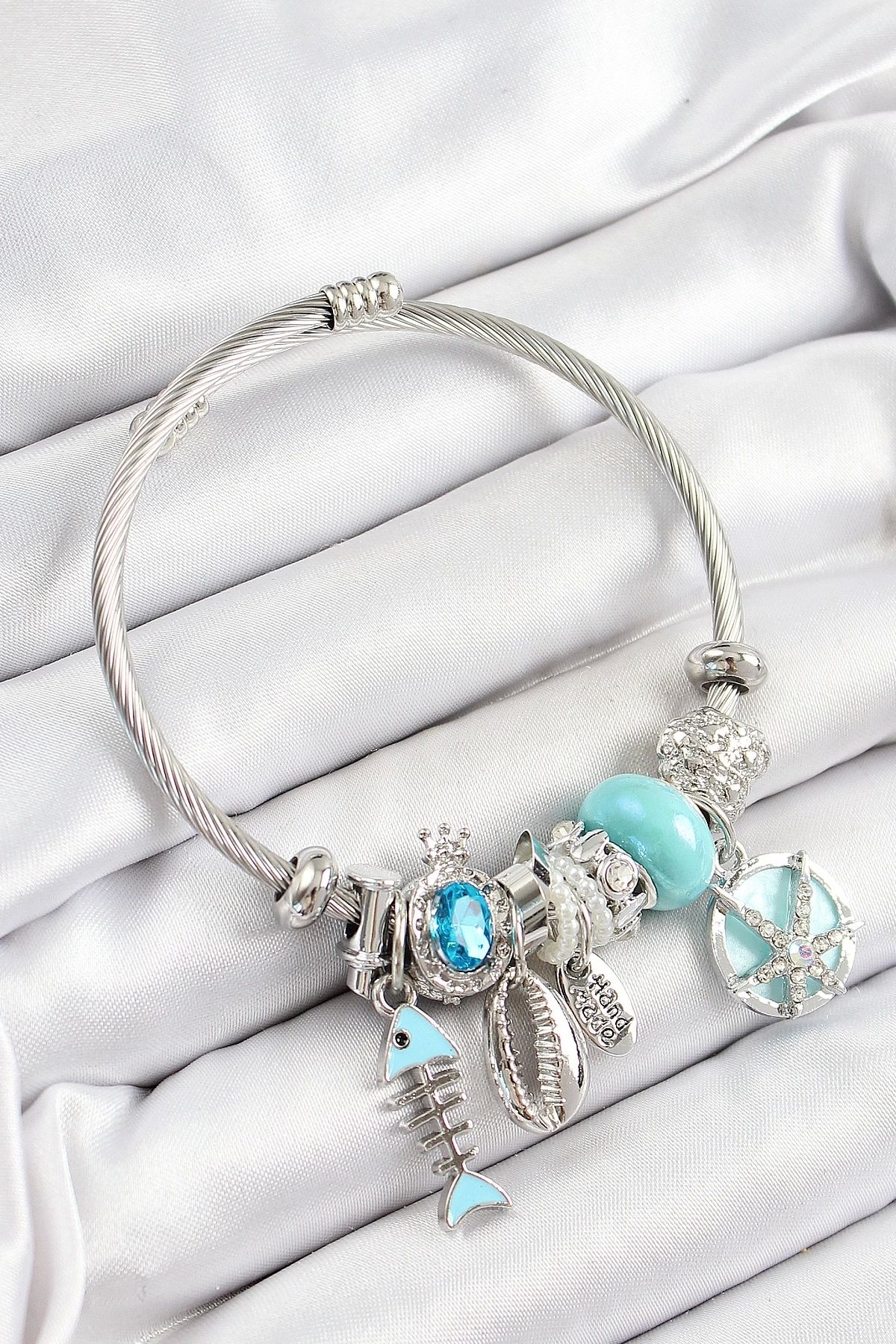 GLIMMERY 316L Çelik Mavi Zirkon Taşlı Balık Deniz Kabuğu Ve Deniz Yıldızı Model Gümüş Renk Charm Bileklik