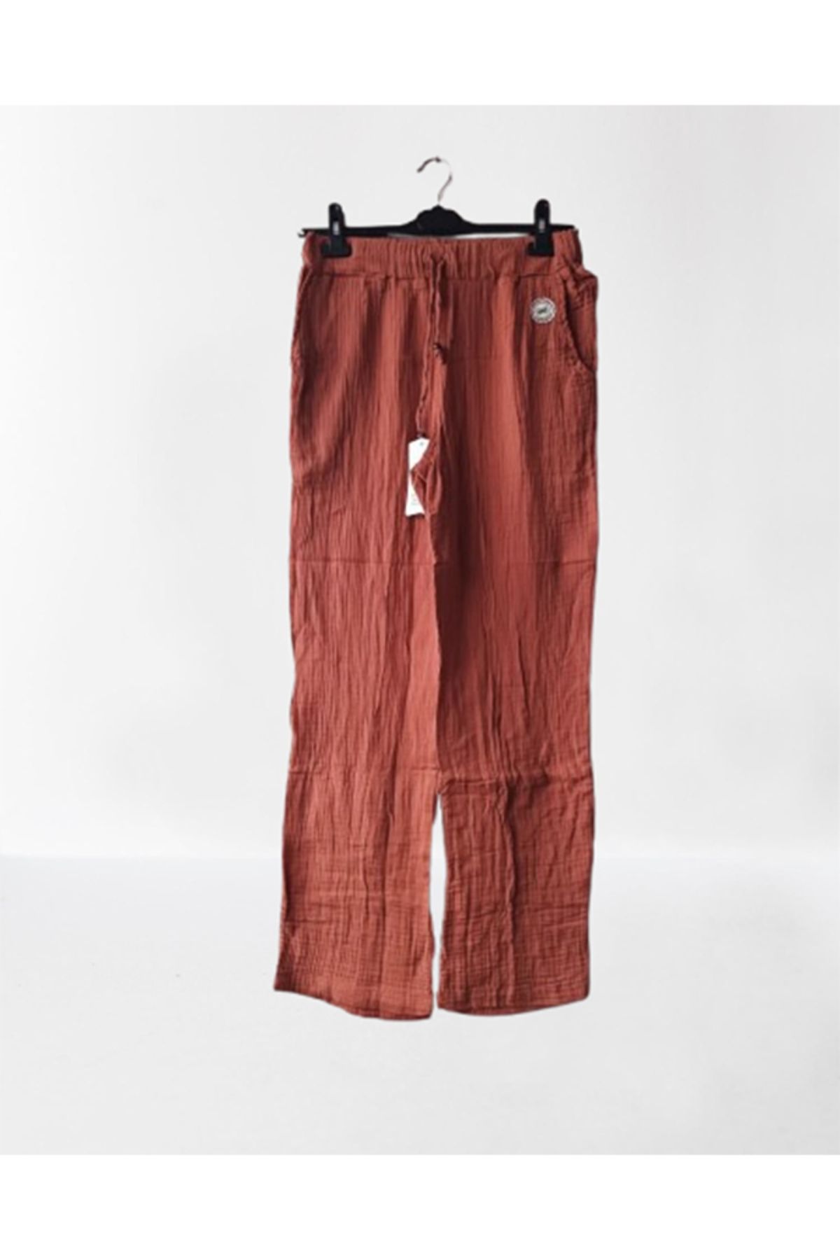 Namaste Vintage Taba renk beli bağcıklı cepli uzun paça müslin pantolon (%100 Pamuk)
