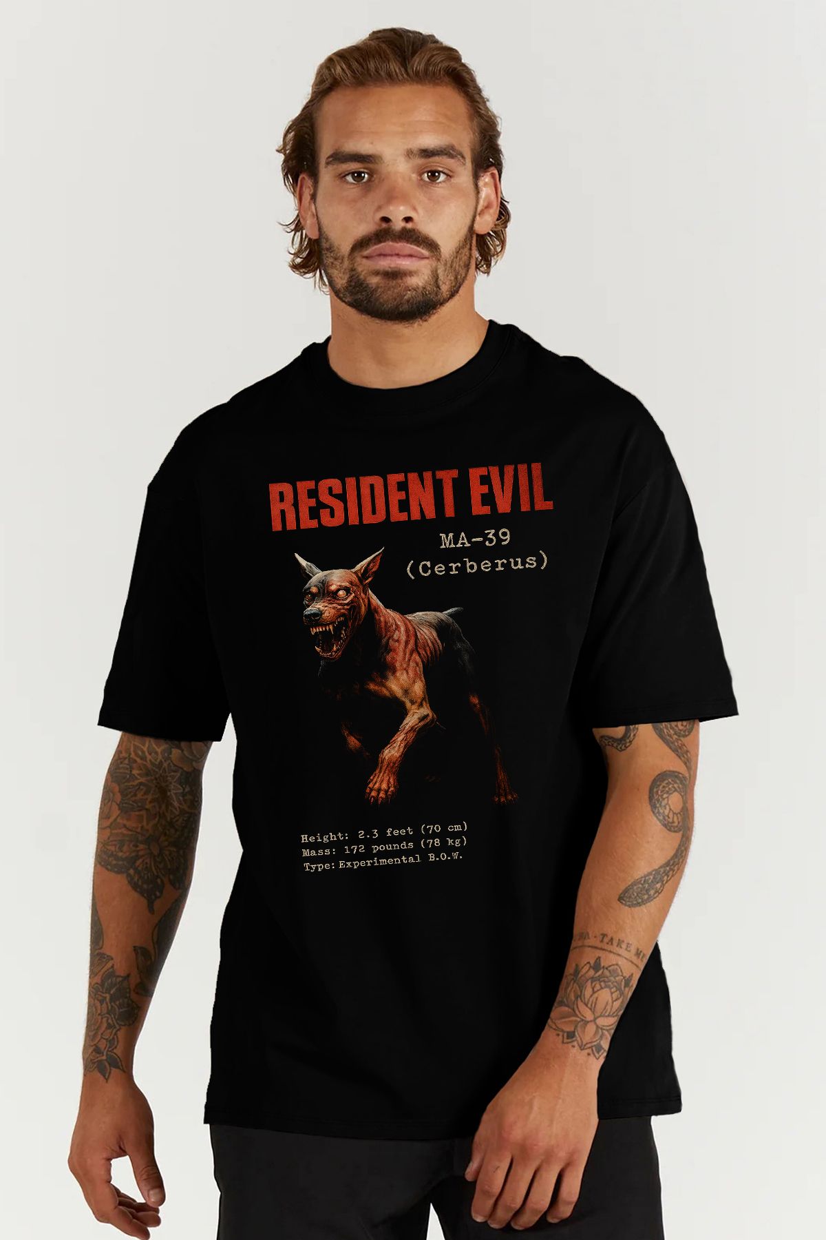 MODA Resident Evil Zombi Doberman Cerberus Baskılı Oversize Kalıp Siyah Geniş Bol Kesim Erkek Tişört