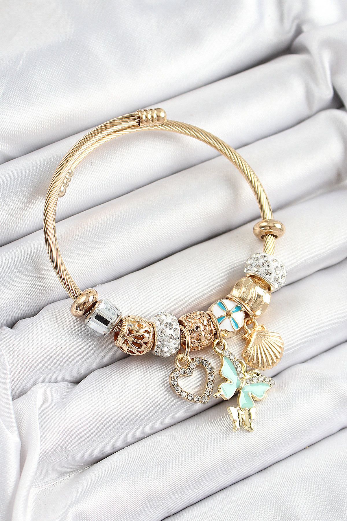 Clariss 316L Çelik Mavi Zirkon Taşlı Kalp Kelebek Ve İstiridye Model Gold Renk Charm Bileklik