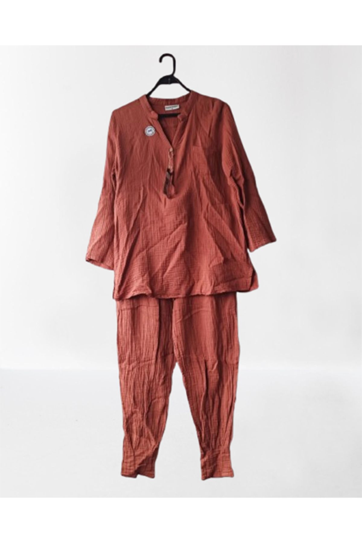 Namaste Vintage Taba renk gömlek ve pantolondan oluşan müslin takım