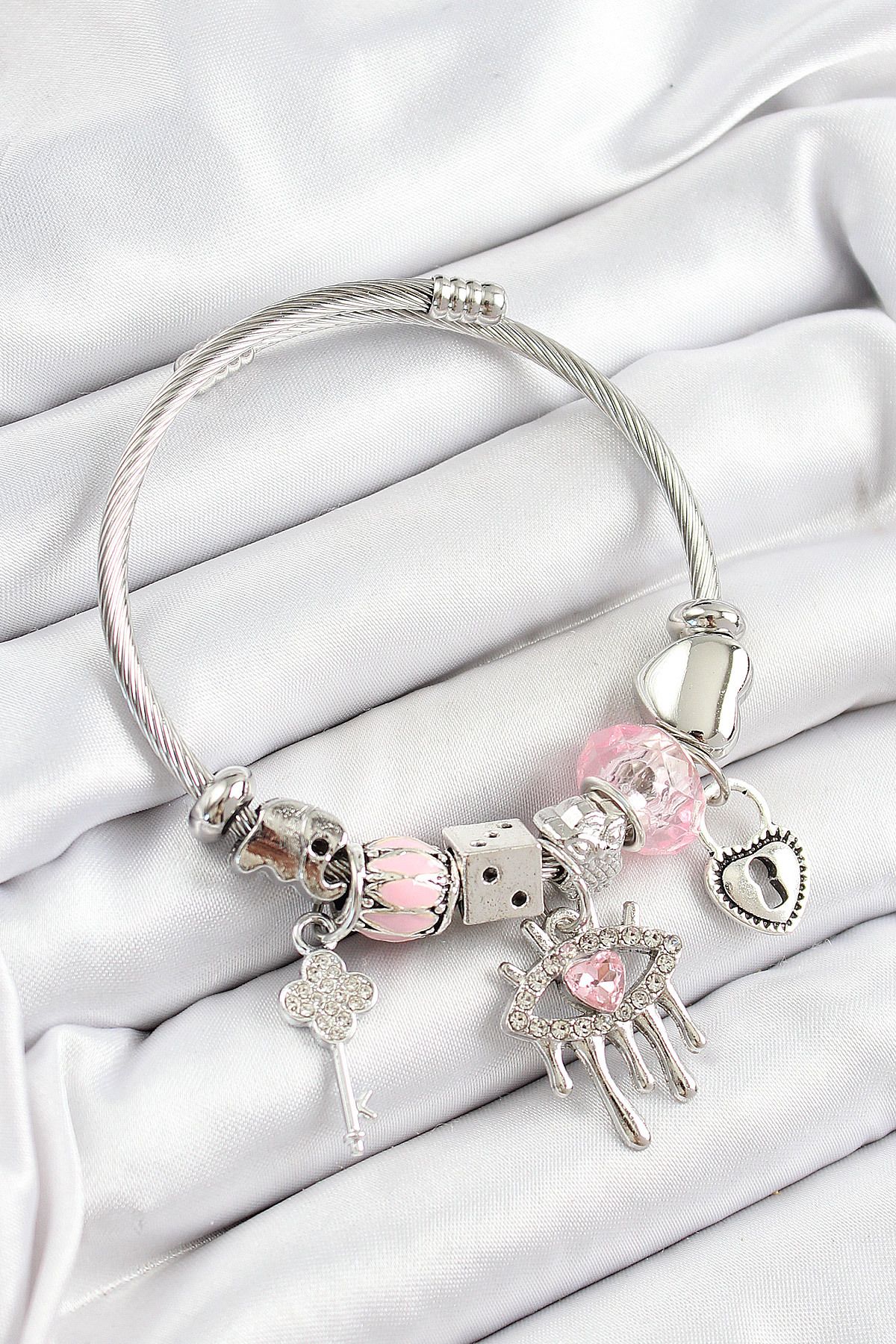 Clariss 316L Çelik Pembe Zirkon Taşlı Göz Kilit Ve Anahtar Model Gümüş Renk Charm Bileklik