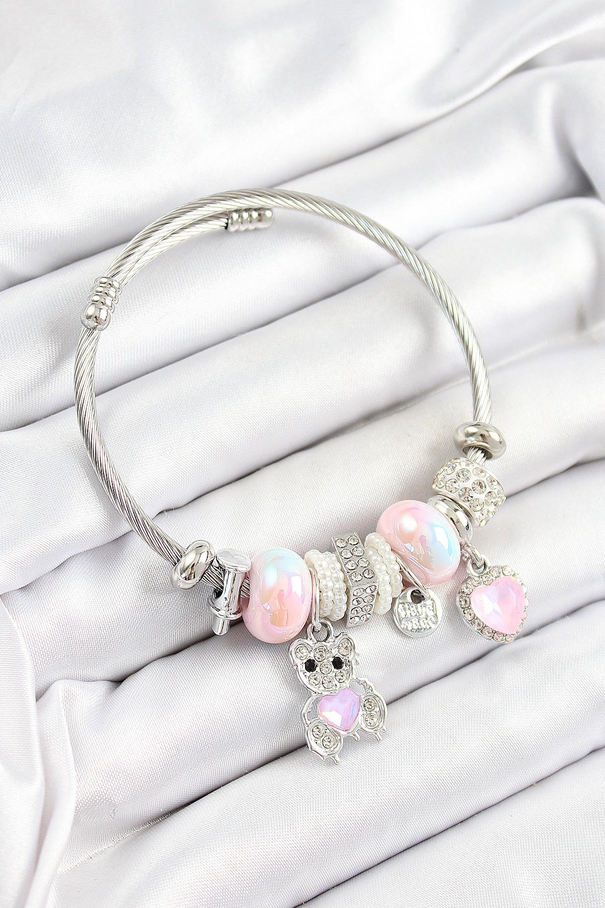 Clariss 316L Çelik Pembe Zirkon Taşlı Ayıcık Ve Kalp Model Gümüş Renk Charm Bileklik