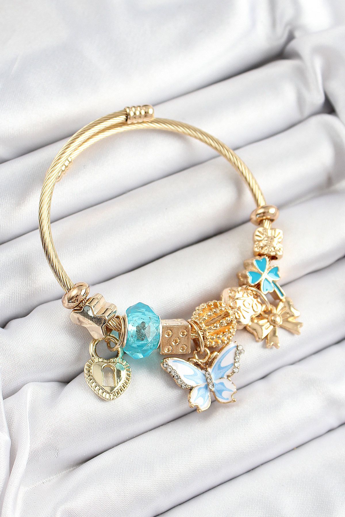 Clariss 316L Çelik Mavi Zirkon Taşlı Kelebek Fiyonk Ve Kilit Model Gold Renk Charm Bileklik