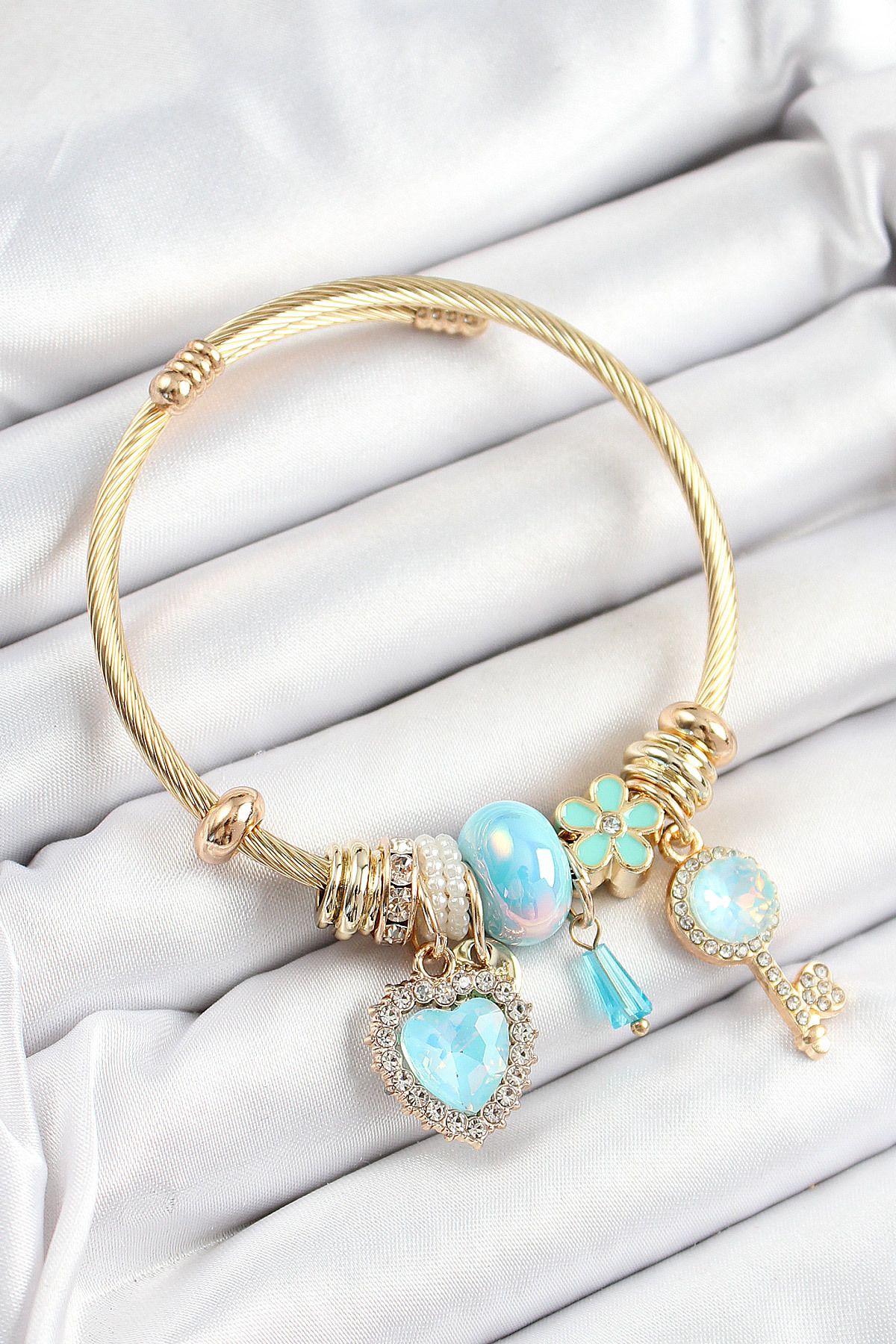 Clariss 316L Çelik Mavi Zirkon Taşlı Anahtar Ve Kalp Model Gold Renk Charm Bileklik