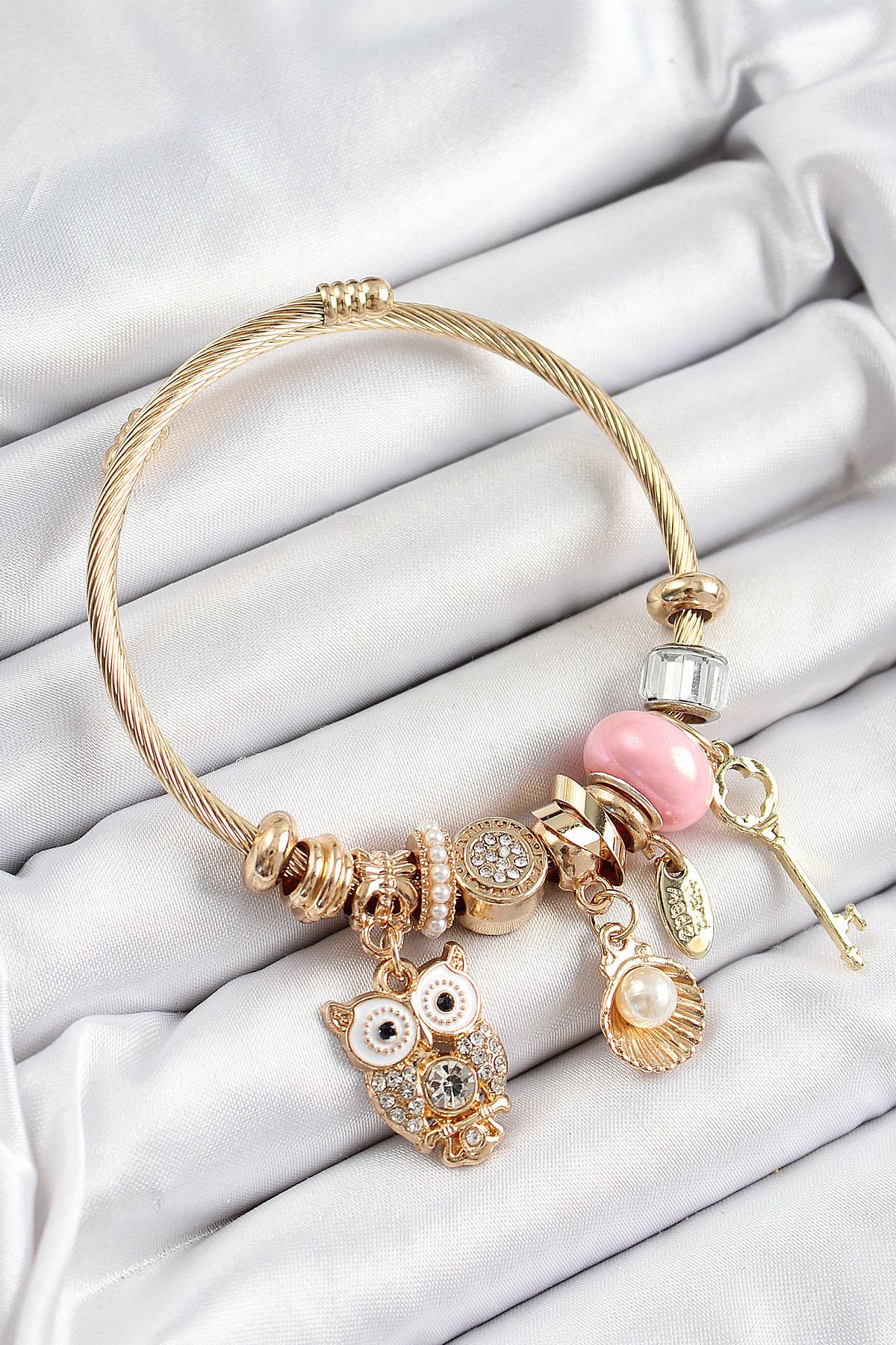 Clariss 316L Çelik Pembe Zirkon Taşlı Baykuş İstiridye Ve Anahtar Model Gold Renk Charm Bileklik