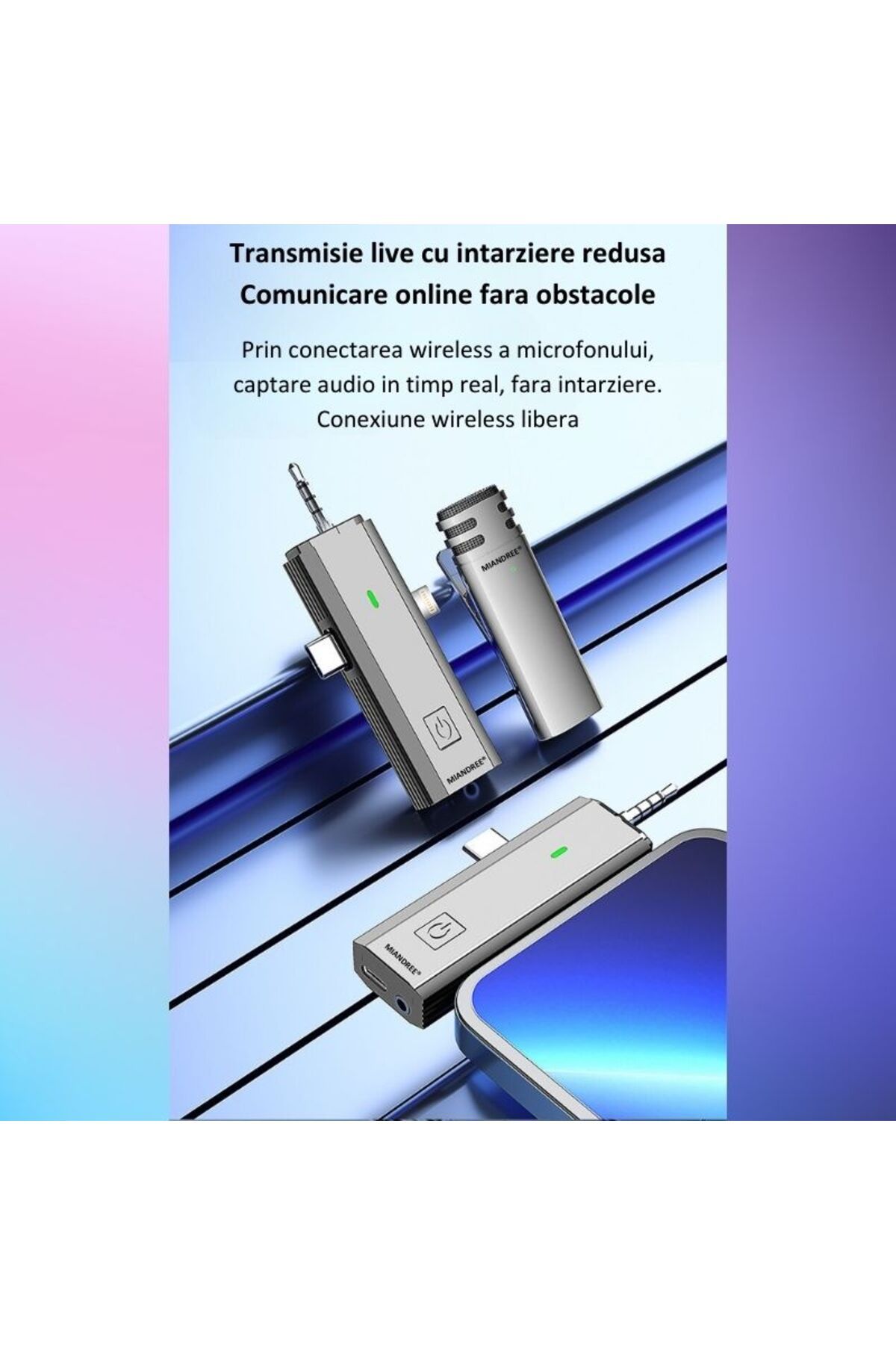 MIANDREE-Set 2 Microfoane Profesionale Lavaliera, MIANDREE®, USB C, 3.5 Jack, Lightning, WiFi, 2.4 GHz 4