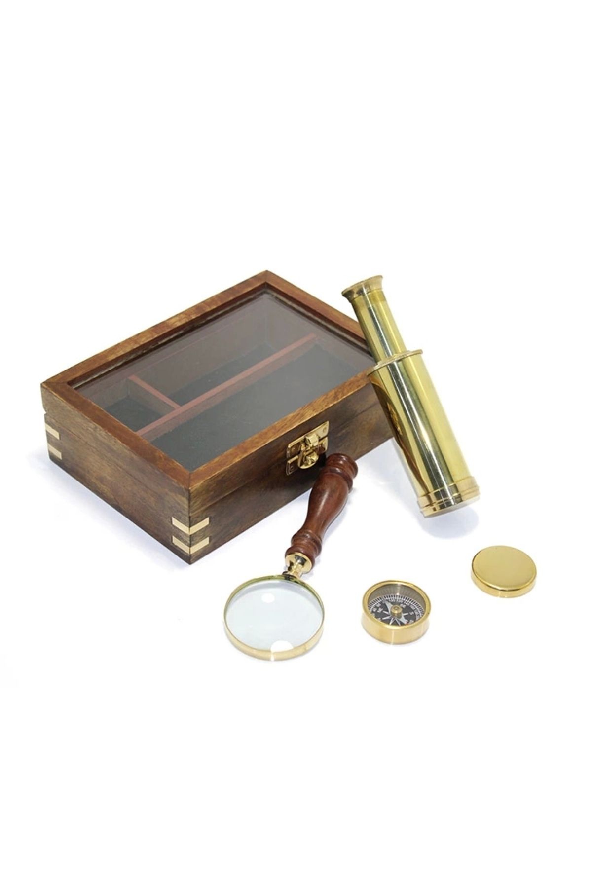 shop Ahşap Kutulu Pirinç Pusula Dürbün Ve Büyüteç Seti