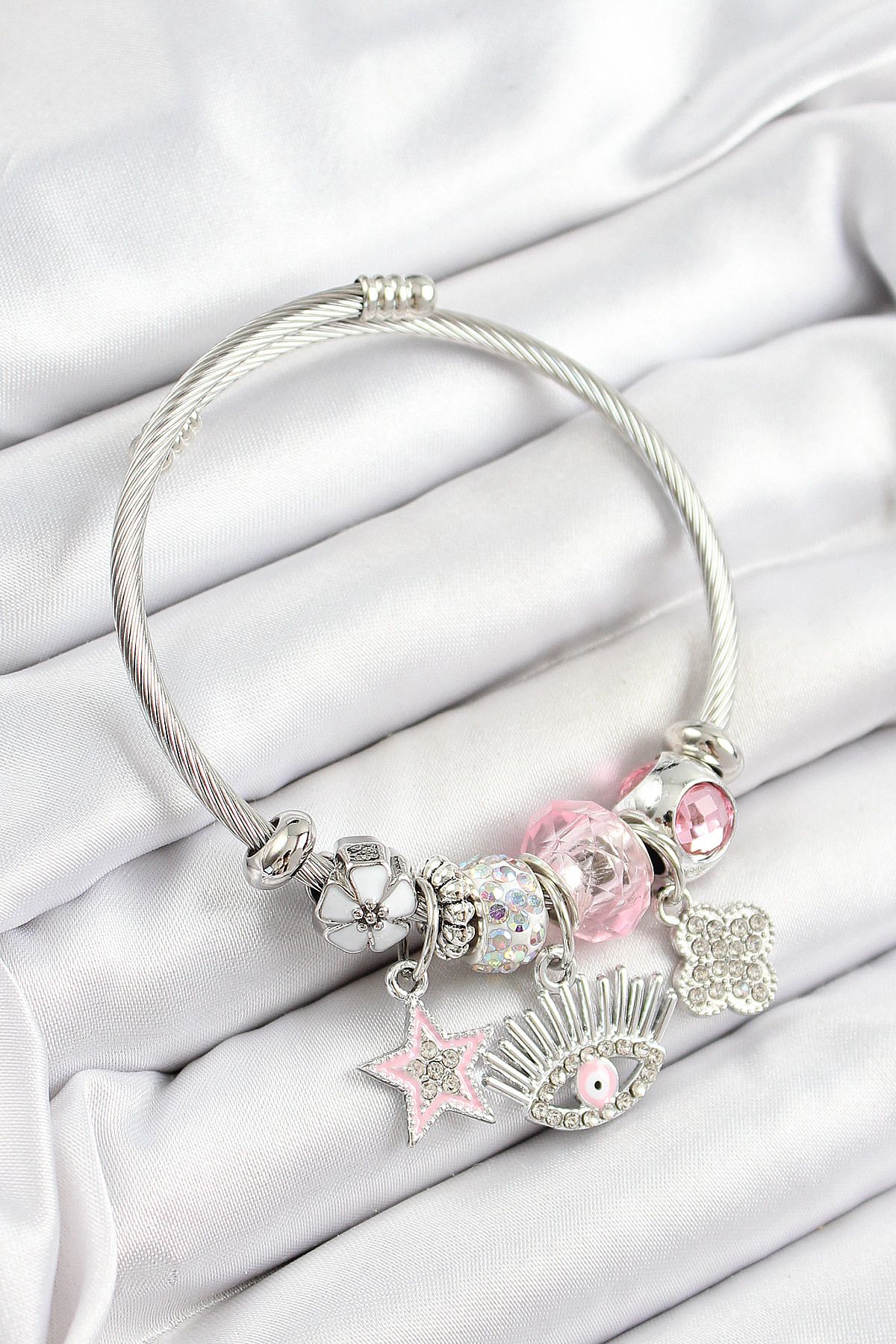 Clariss 316L Çelik Pembe Zirkon Taşlı Yıldız Göz Ve Yonca Model Gümüş Renk Charm Bileklik