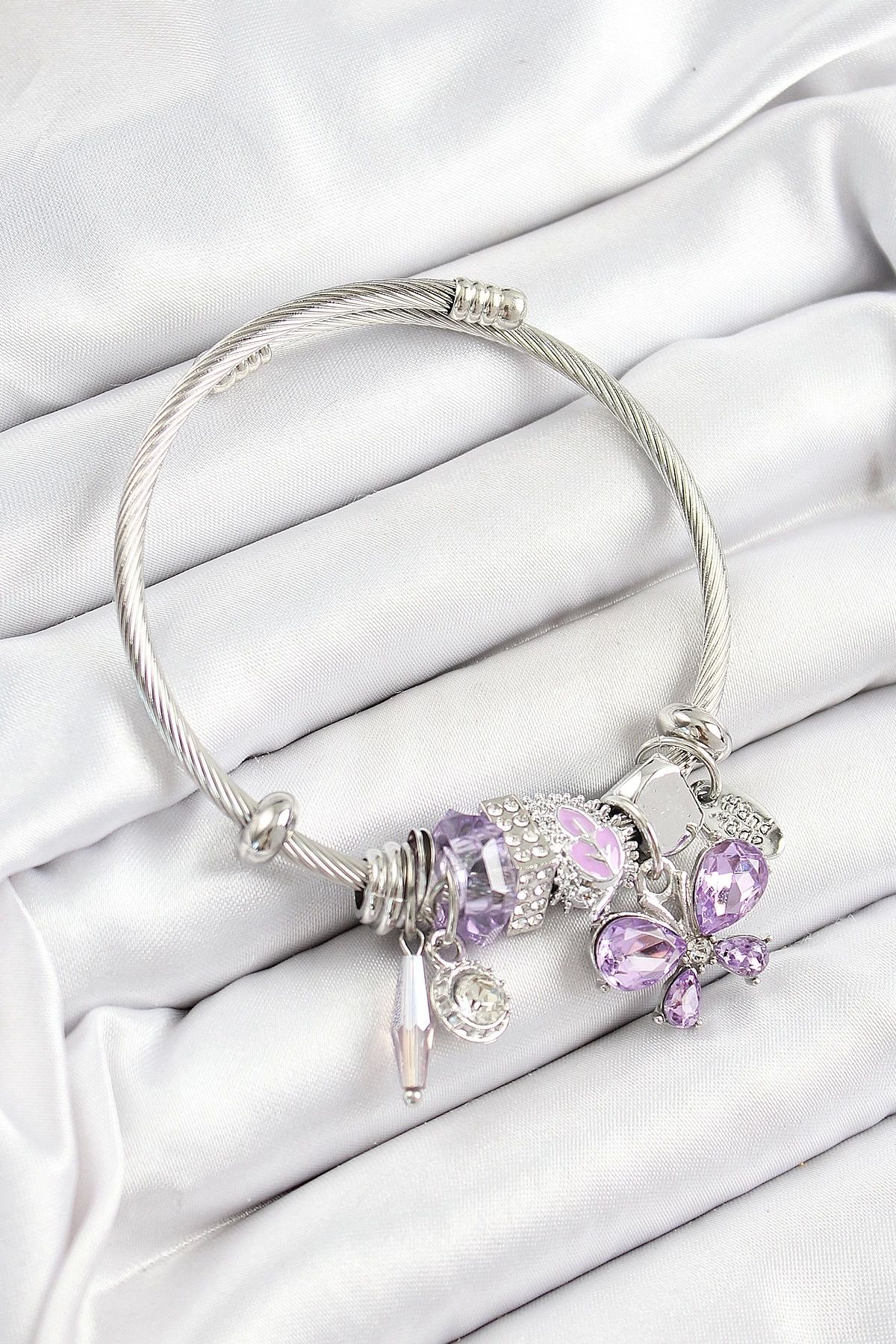 GLIMMERY 316L Çelik Mor Zirkon Taşlı Kelebek Model Gümüş Renk Charm Bileklik