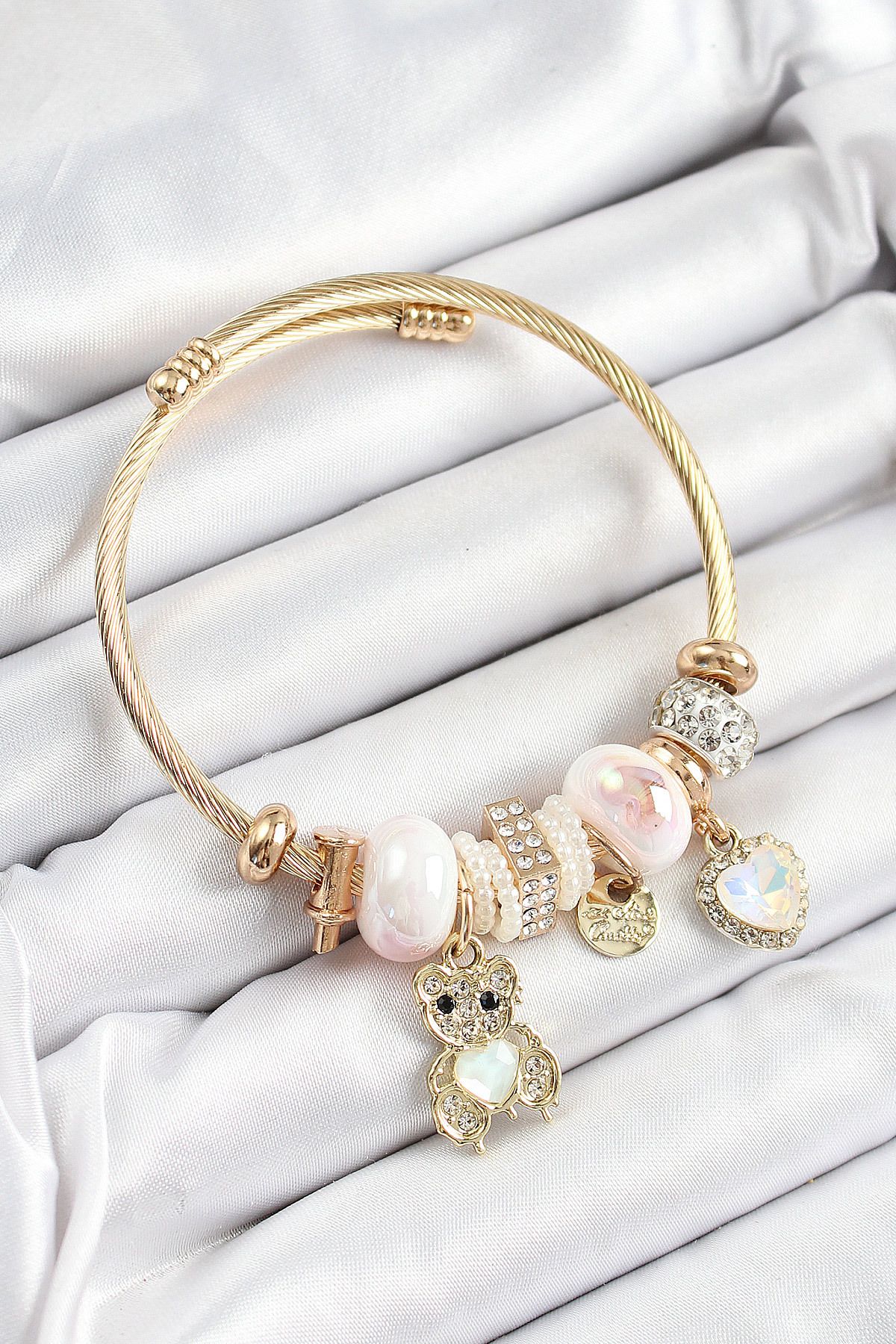 Clariss 316L Çelik Beyaz Zirkon Taşlı Ayıcık Ve Kalp Model Gold Renk Charm Bileklik